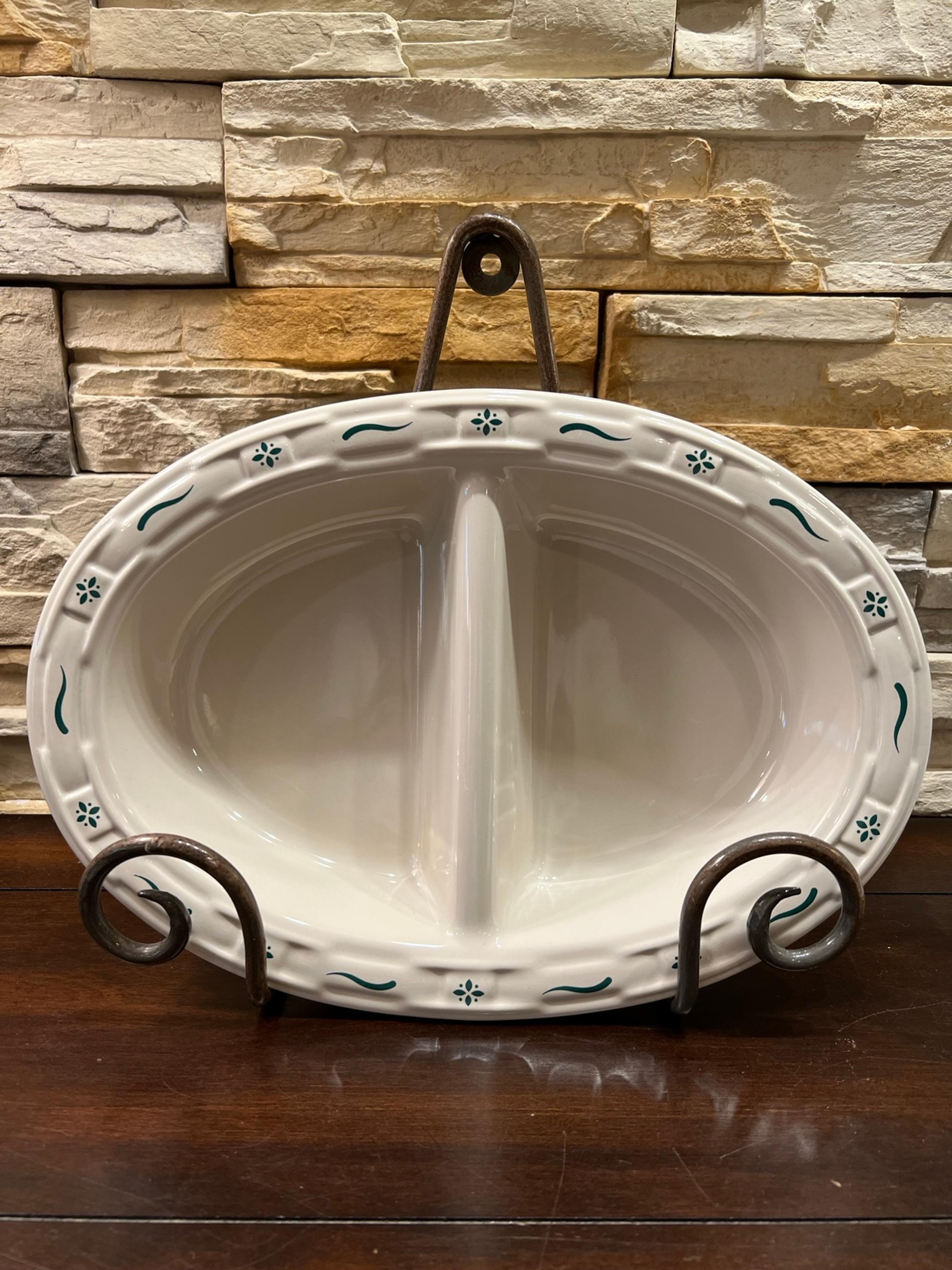 Longaberger Divided Serving Bowl, Heritage Green, EUC 13.5” x 9.5”, Oval Shaped