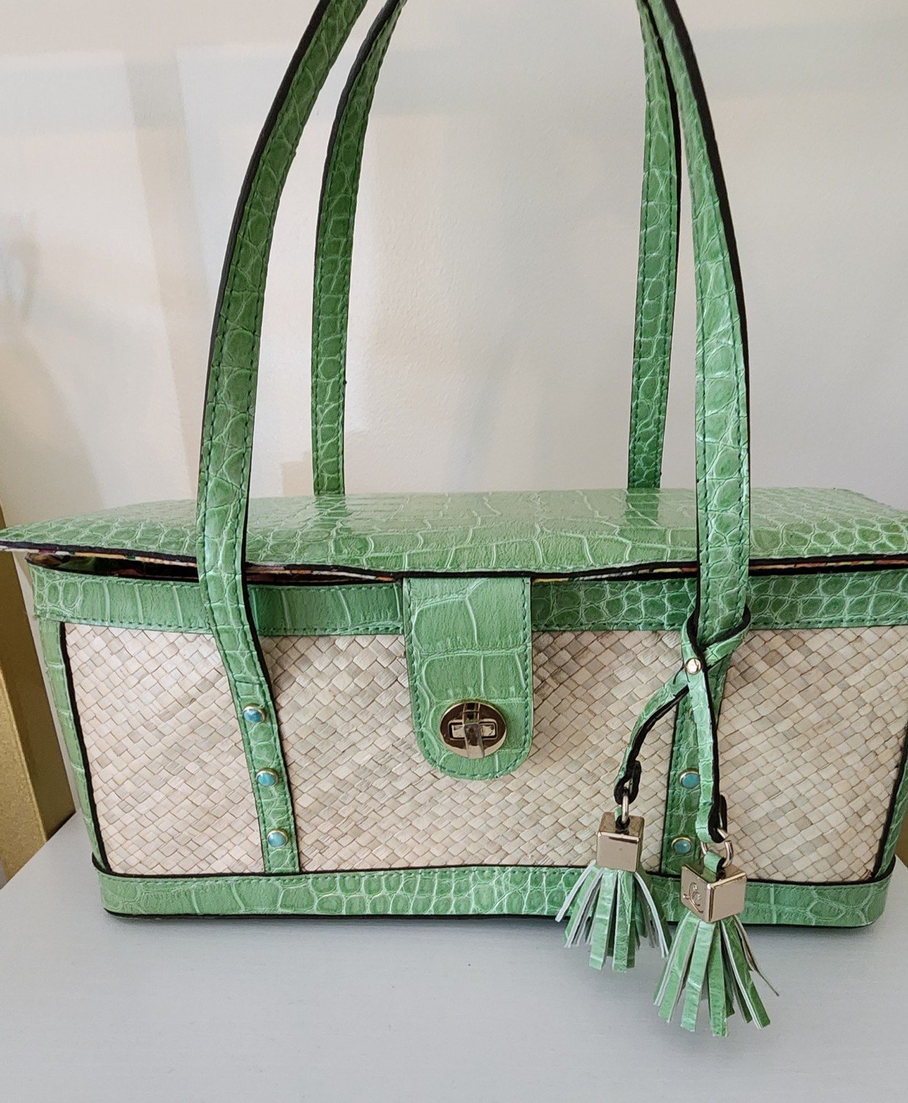 Vintage Liz Claiborne Straw Basket Purse Green Crocodile Floral Old Money
