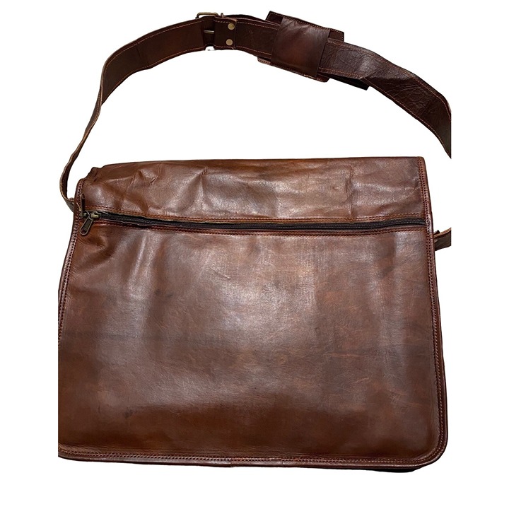 Brown Leather messenger padded laptop bag NWOT green canvas lining