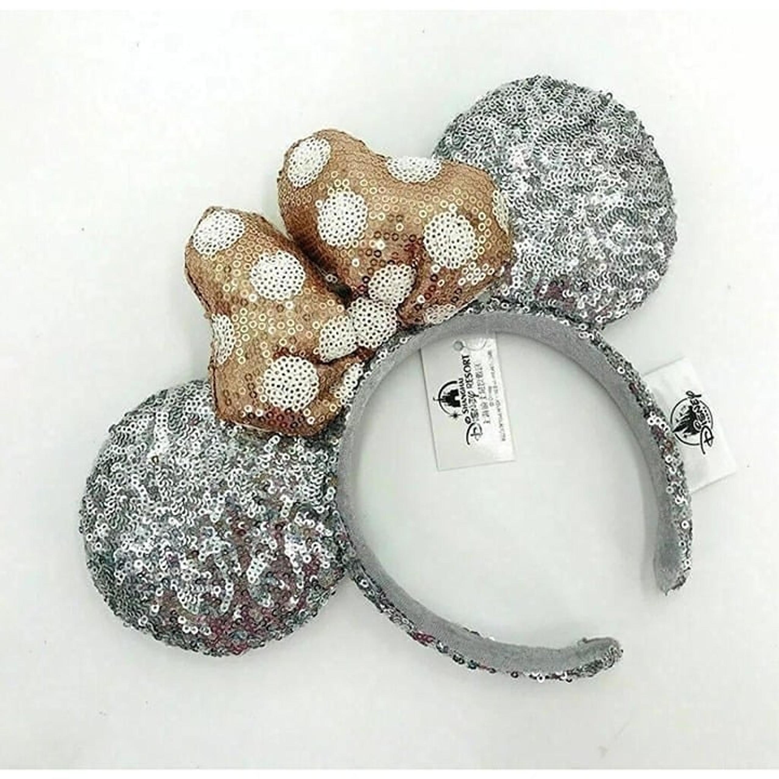 Disney Parks Silver Sequin Ears Rose Gold Polka Dot Bow Minnie Mouse Headband
