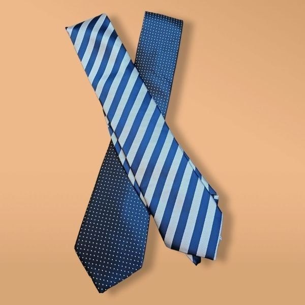 Men's Tie Set Navy Blue and Silver Stripes and Polka-dots 56 Inch Length New!