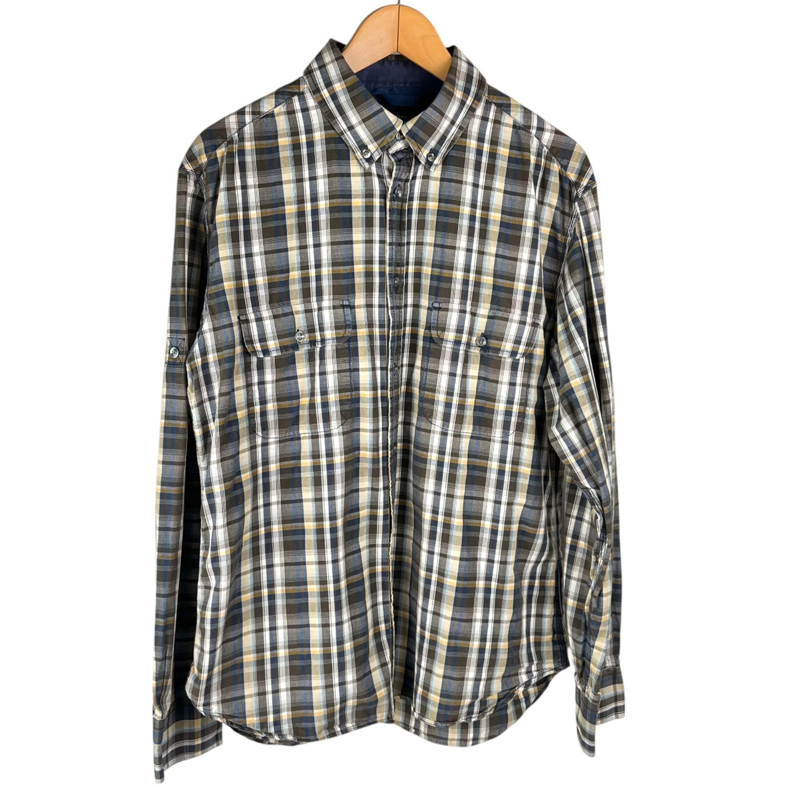 French Connection : Plaid Roll Tab Button Down Cotton Shirt Brown Blue : L