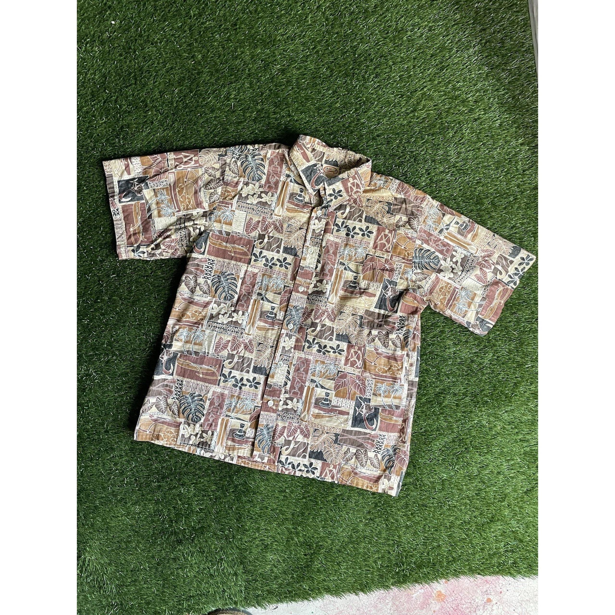Go Barefoot Pleated Button Down Shirt Single Stitch Silk L Floral Hawaiian Brown
