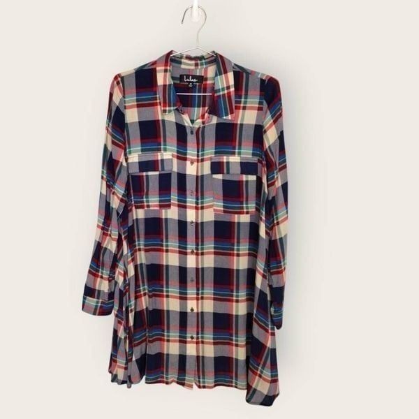 LULUS Womens Tunic Sz Medium Red Blue Plaid Long Sleeve Flared Shirt Dress Prep