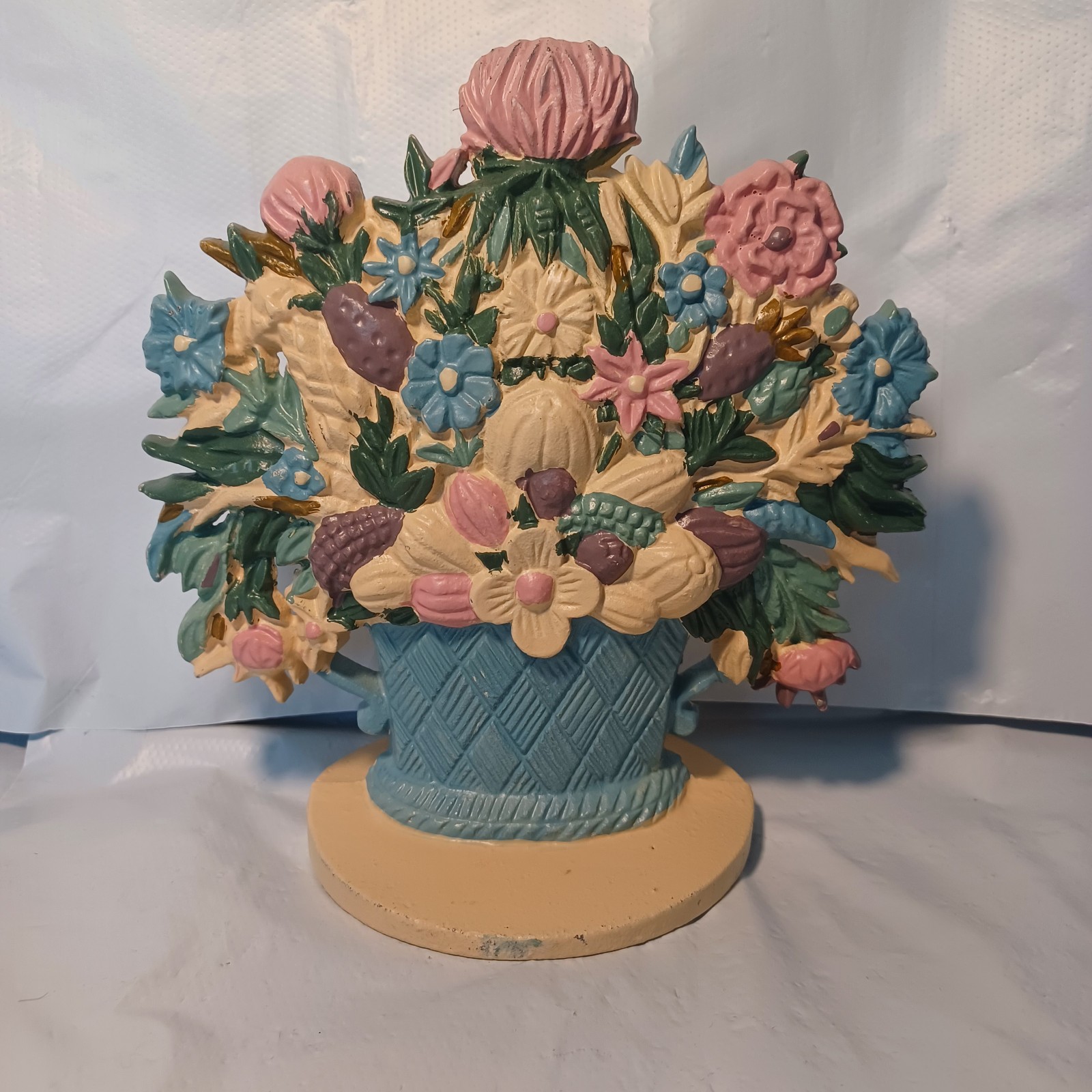 Vintage Cast Iron Flower Basket Doorstop Pastels