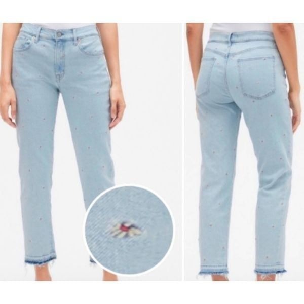 GAP Jeans Women's 14 Blue Light High Rise Girlfriend Raw Hem Embroidered Daisy