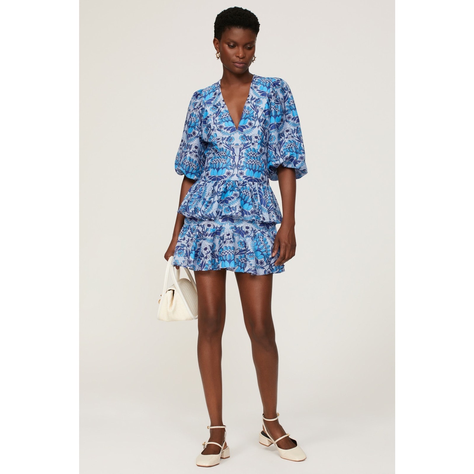 Sandro Yana Blue Floral Print Puff Sleeve V-Neck Tiered Mini Dress Size M