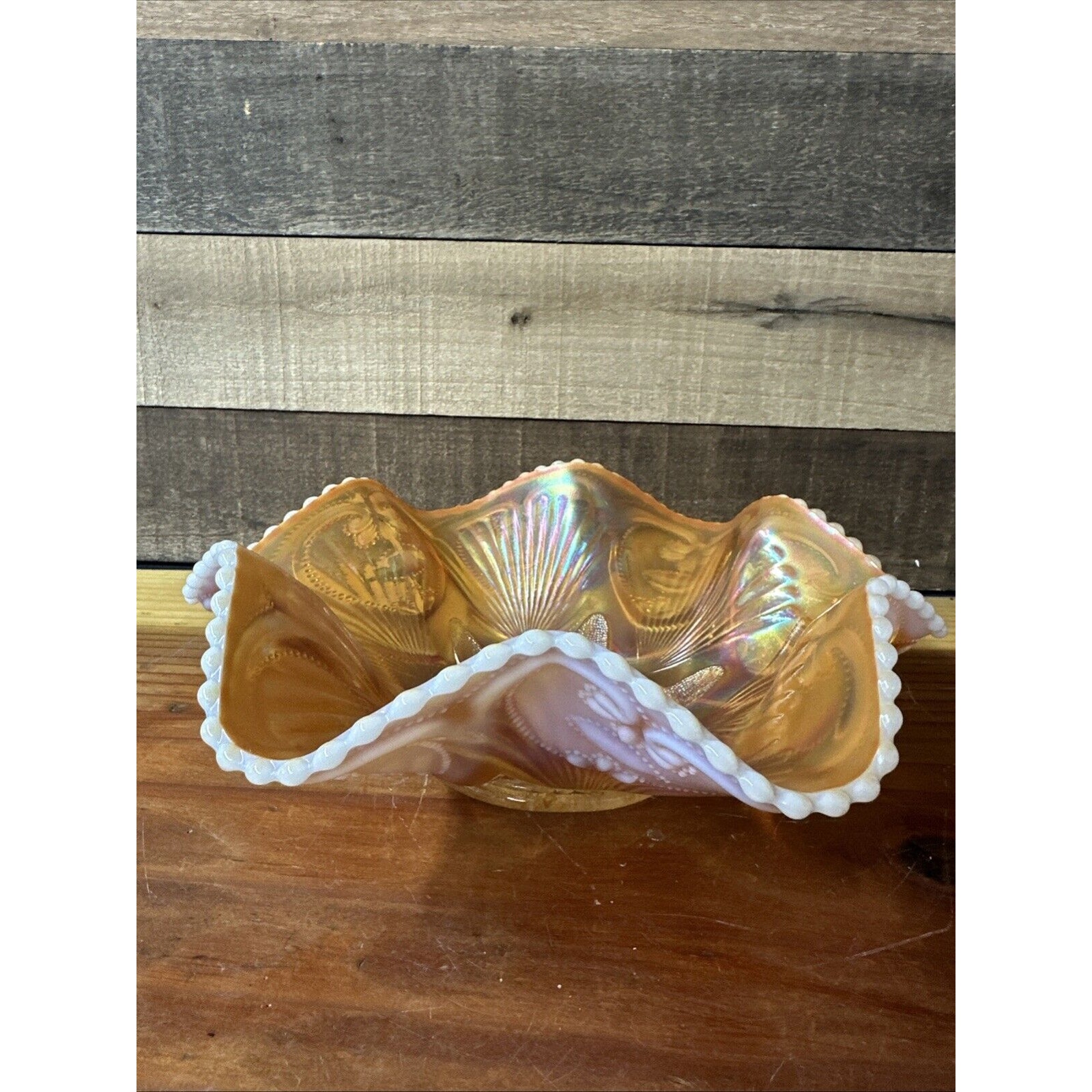 Dugan Victor Petal & Fan Pattern Beaded Ruffled Edge Orange Opalescent Bowl