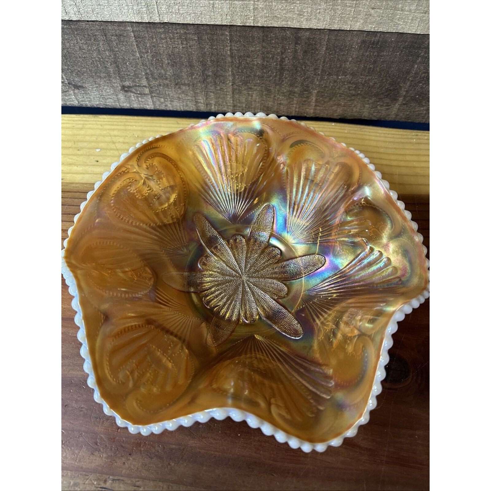 Dugan Victor Petal & Fan Pattern Beaded Ruffled Edge Orange Opalescent Bowl