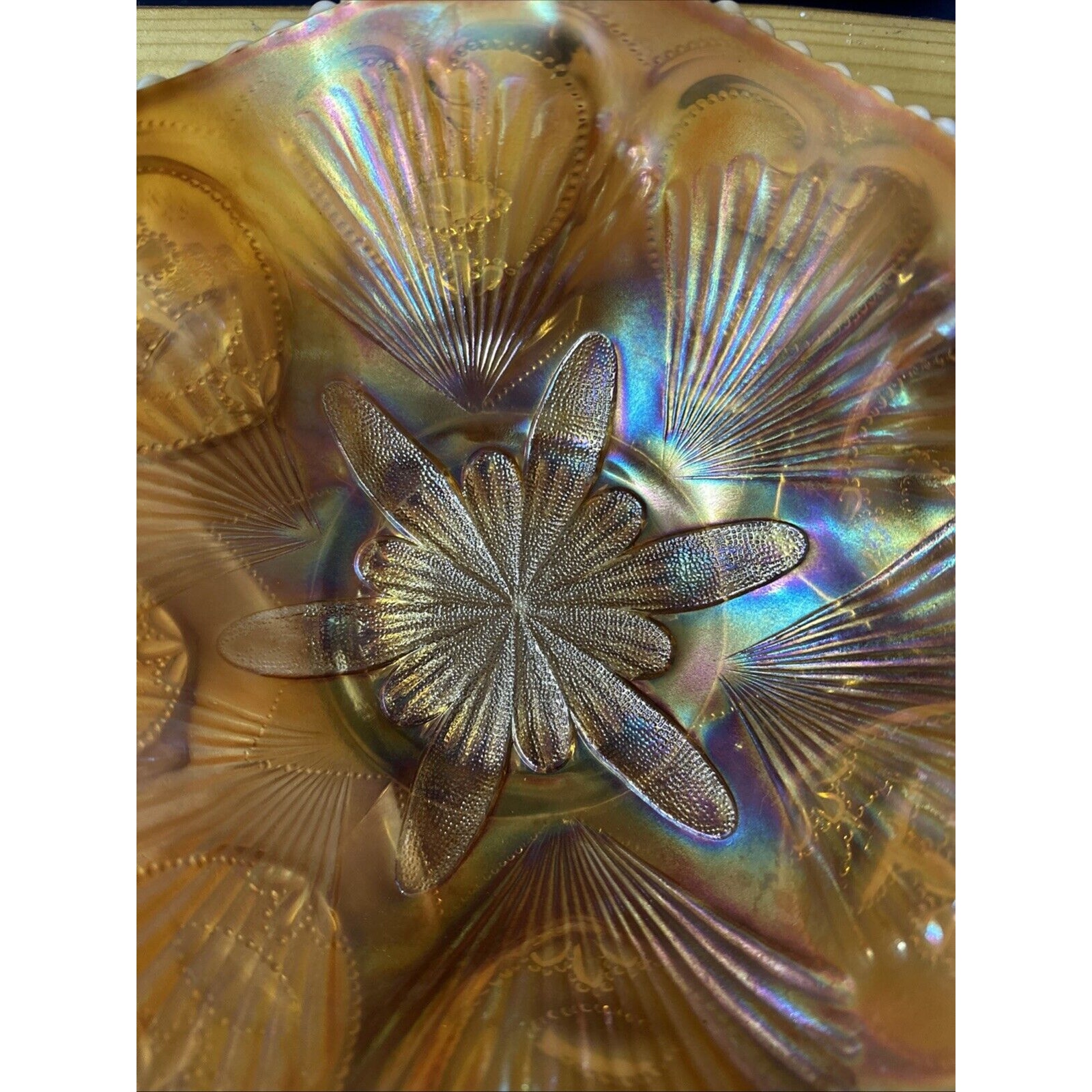 Dugan Victor Petal & Fan Pattern Beaded Ruffled Edge Orange Opalescent Bowl