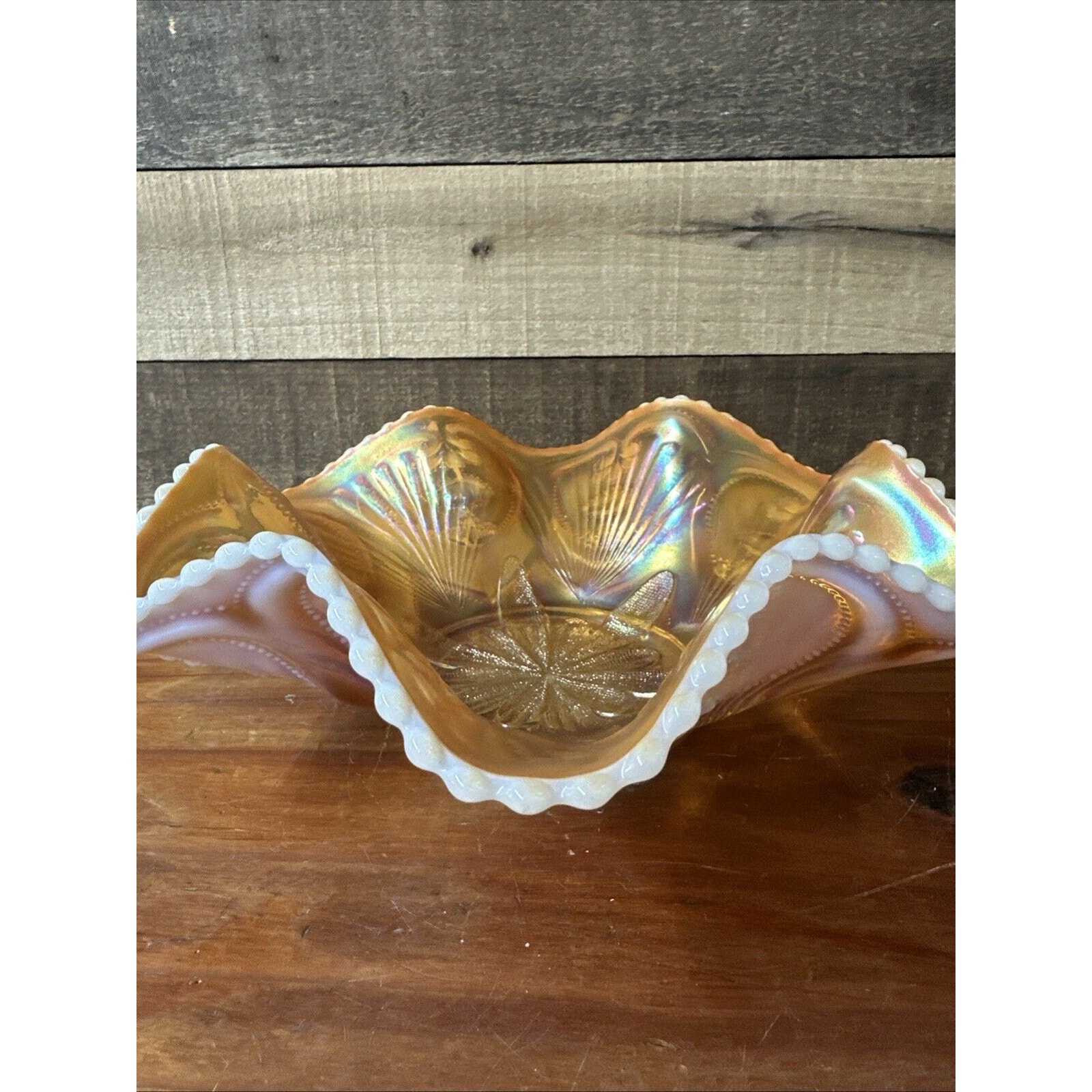 Dugan Victor Petal & Fan Pattern Beaded Ruffled Edge Orange Opalescent Bowl