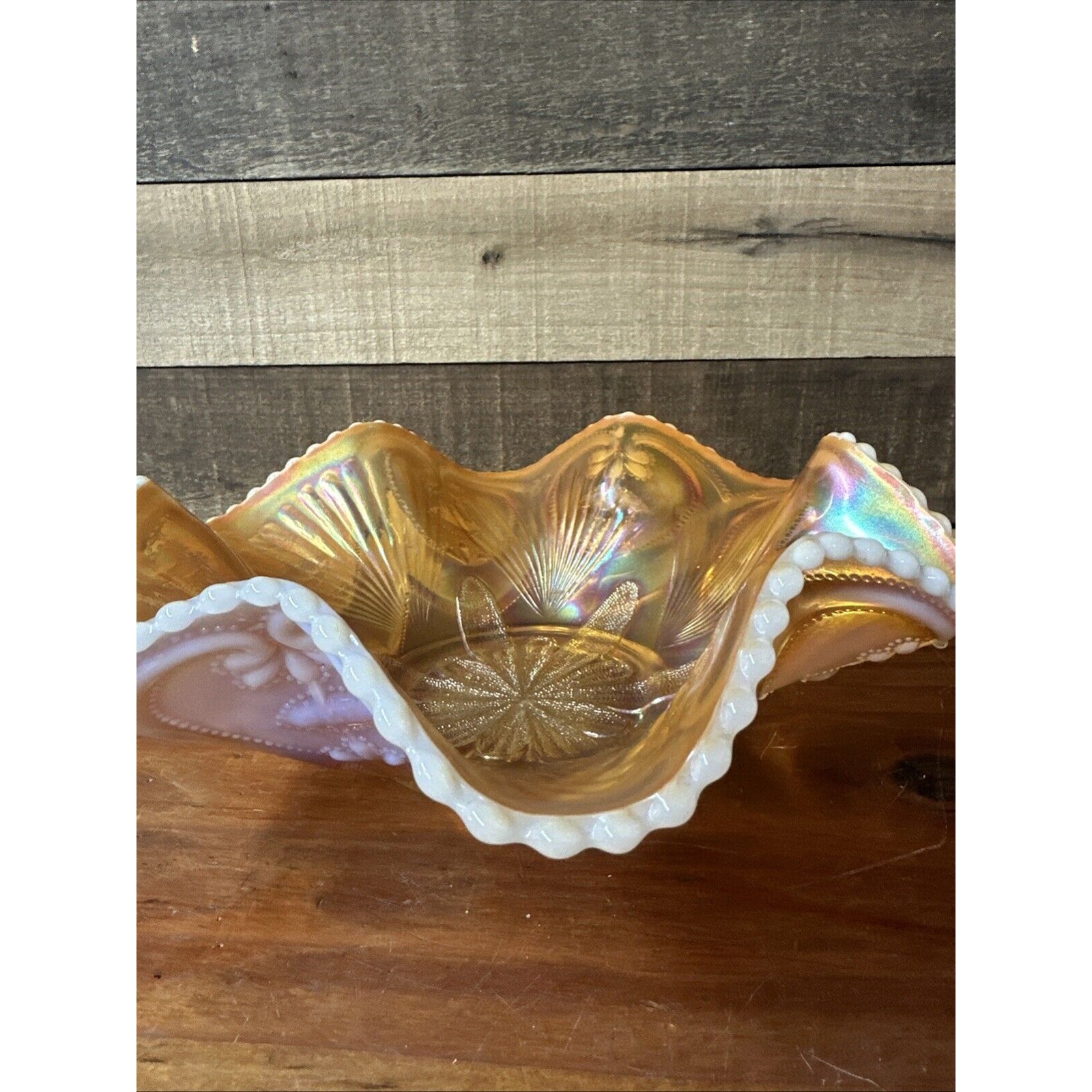 Dugan Victor Petal & Fan Pattern Beaded Ruffled Edge Orange Opalescent Bowl