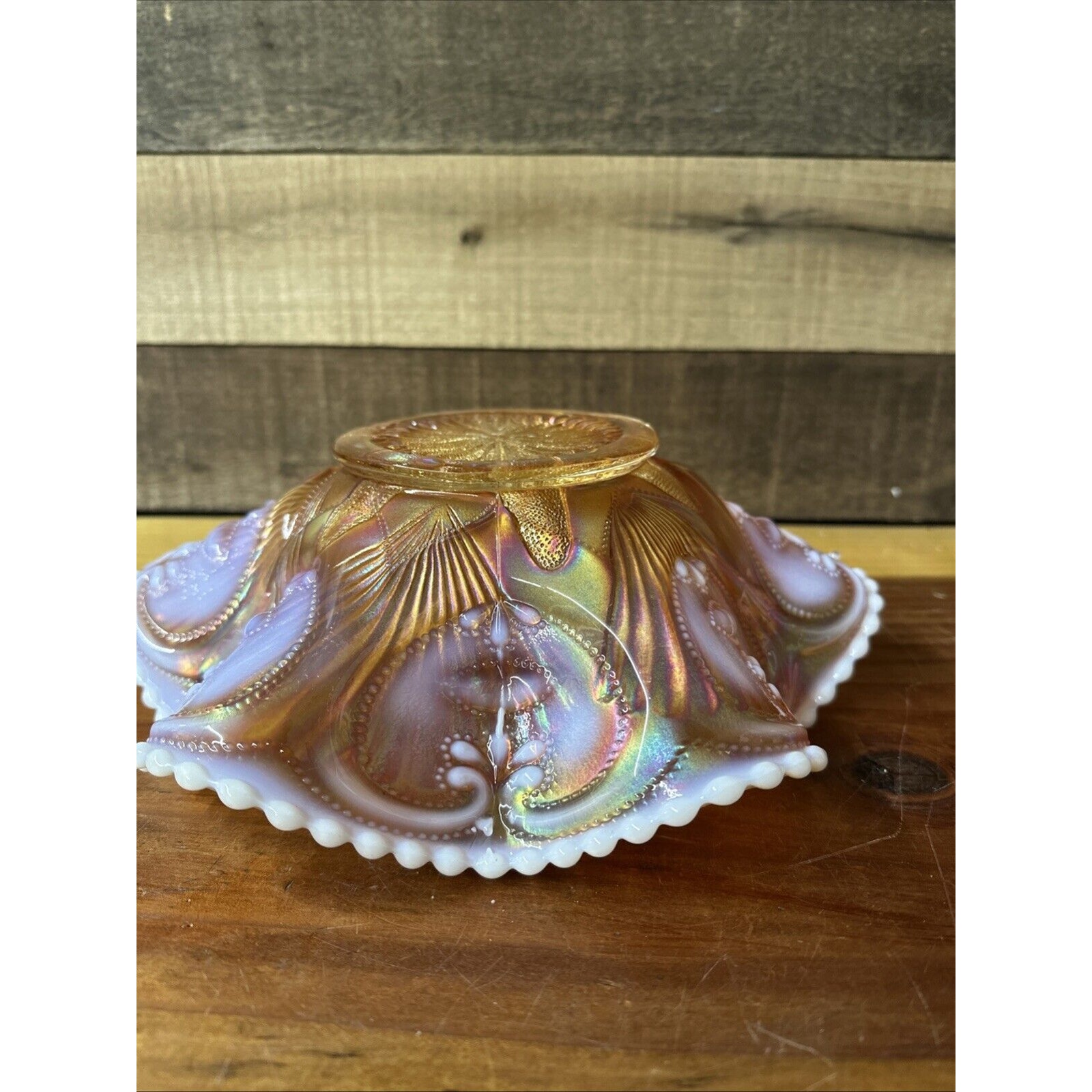 Dugan Victor Petal & Fan Pattern Beaded Ruffled Edge Orange Opalescent Bowl