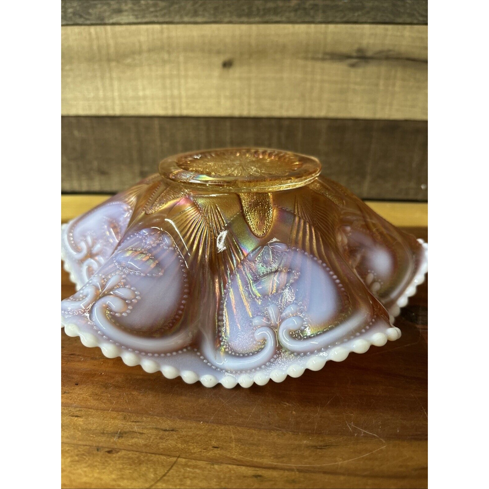 Dugan Victor Petal & Fan Pattern Beaded Ruffled Edge Orange Opalescent Bowl