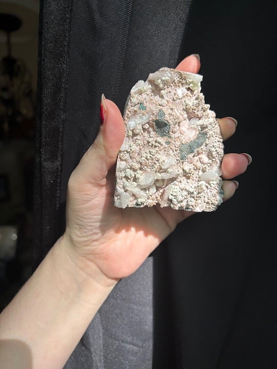 Pink and green chalcedony cutbase with stilbite