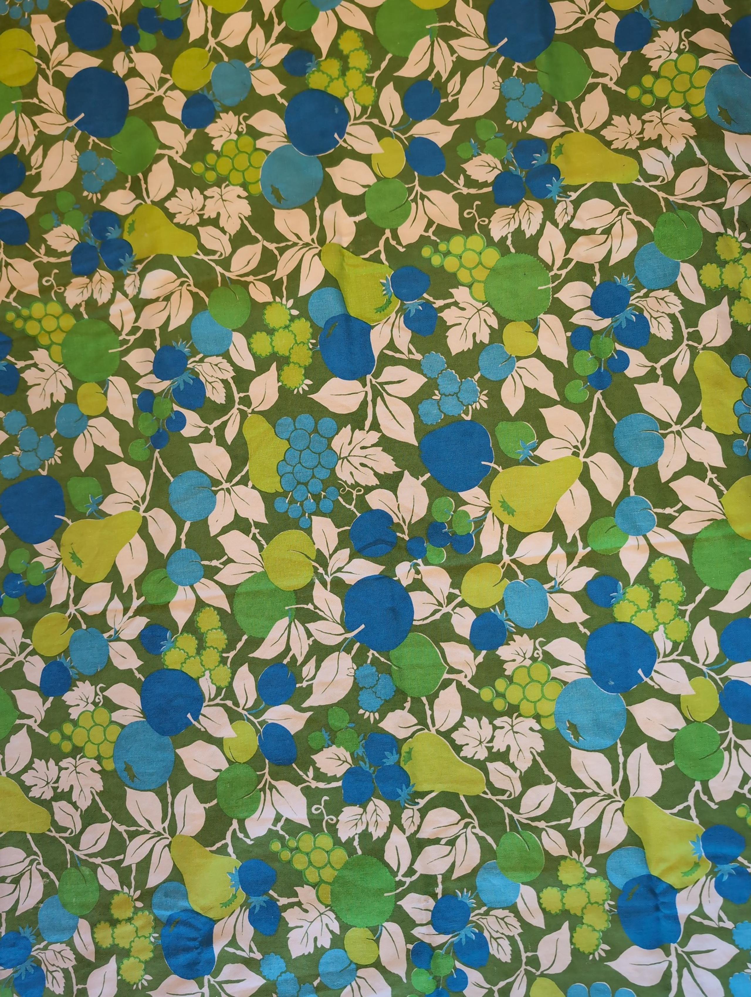 1960's MCM Mod Era Kitchen Tablecloth BLUE GREEN & WHITE FRUIT 52' x 66" Fabric