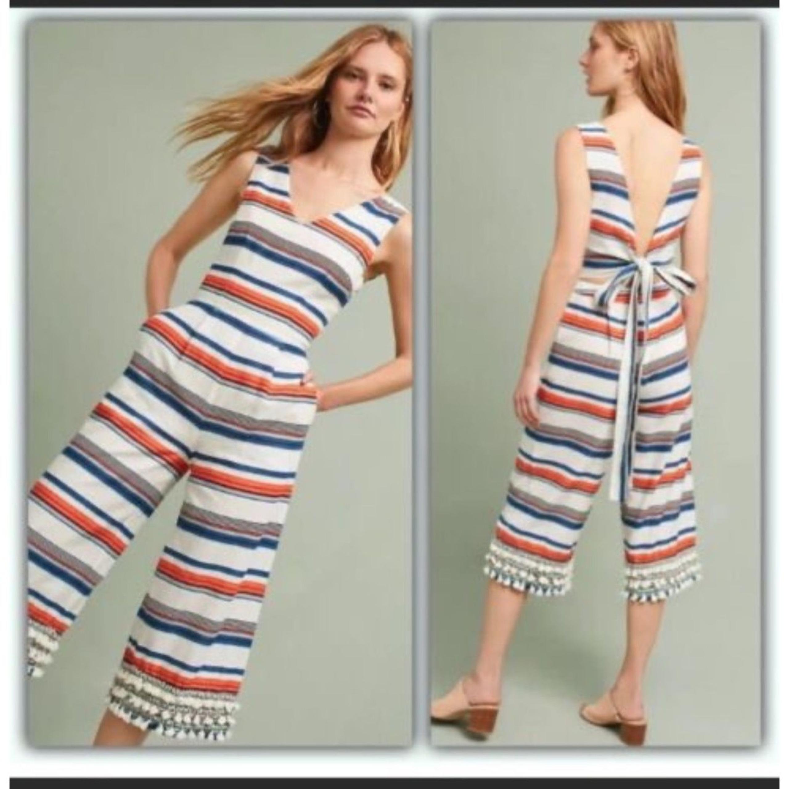 Moon River Striped Linen Blend Jumpsuit Striped Tassels Small Cropped V-Neck