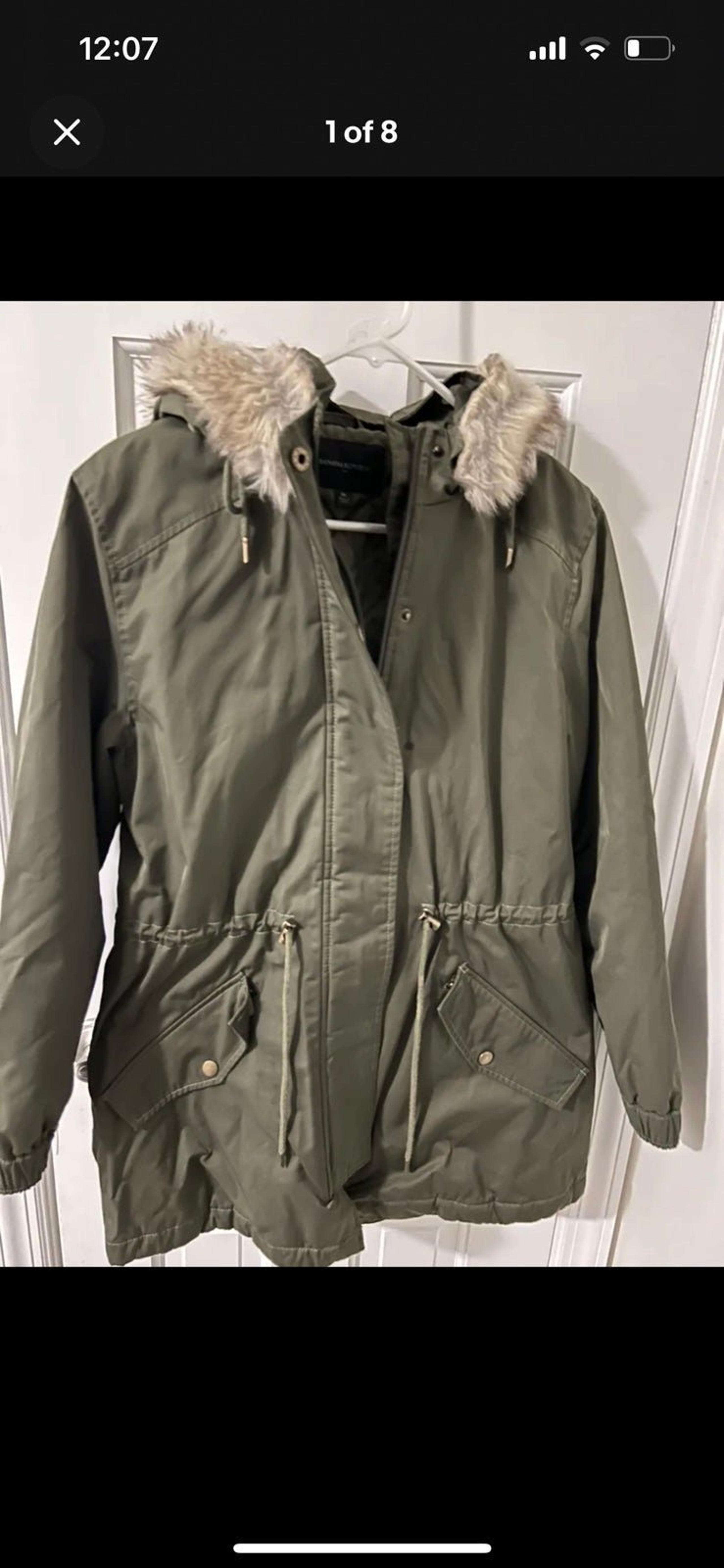 Banana Republic Hooded Parka Women's M Coat Jacket Faux Fur Full Zip Olive Green