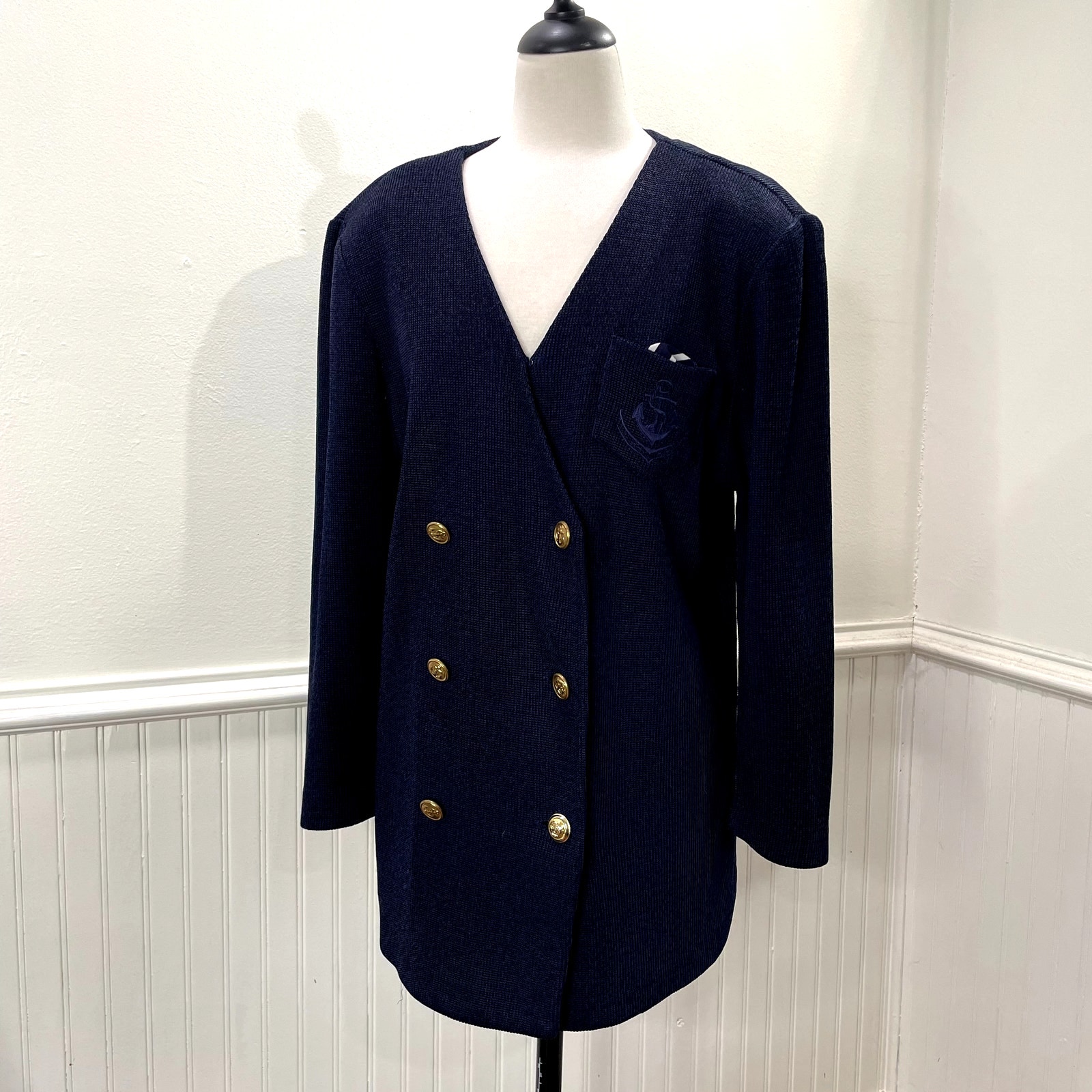 Jeffrey & Dara by Linda Hutley Size S/M Sweater Vtg Nautical Navy Gold Buttons