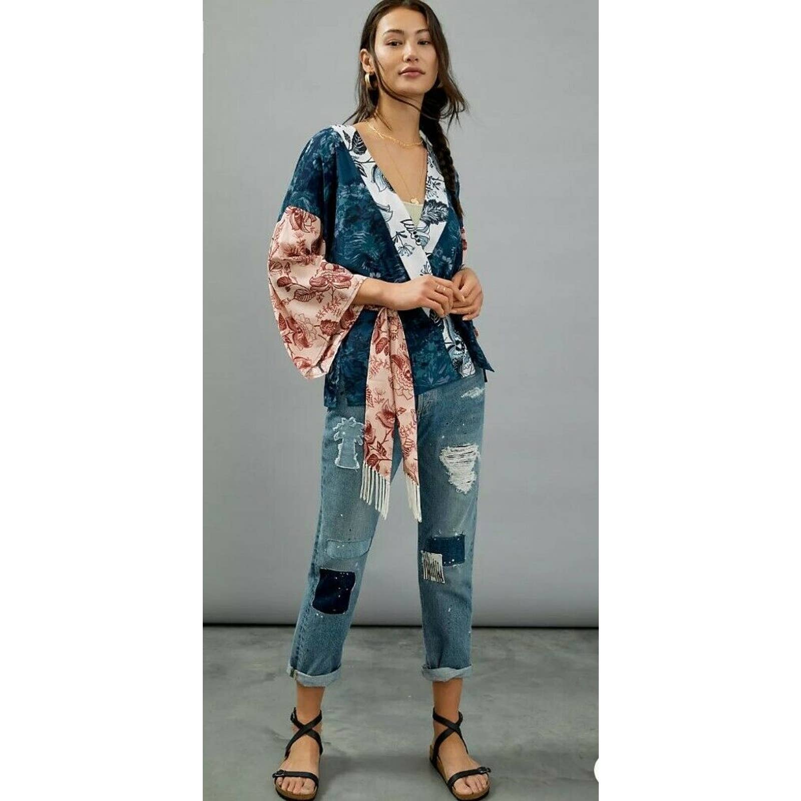 Anthropologie Floral Tori Cropped Kimono One Size Missing Sash Boho Chic