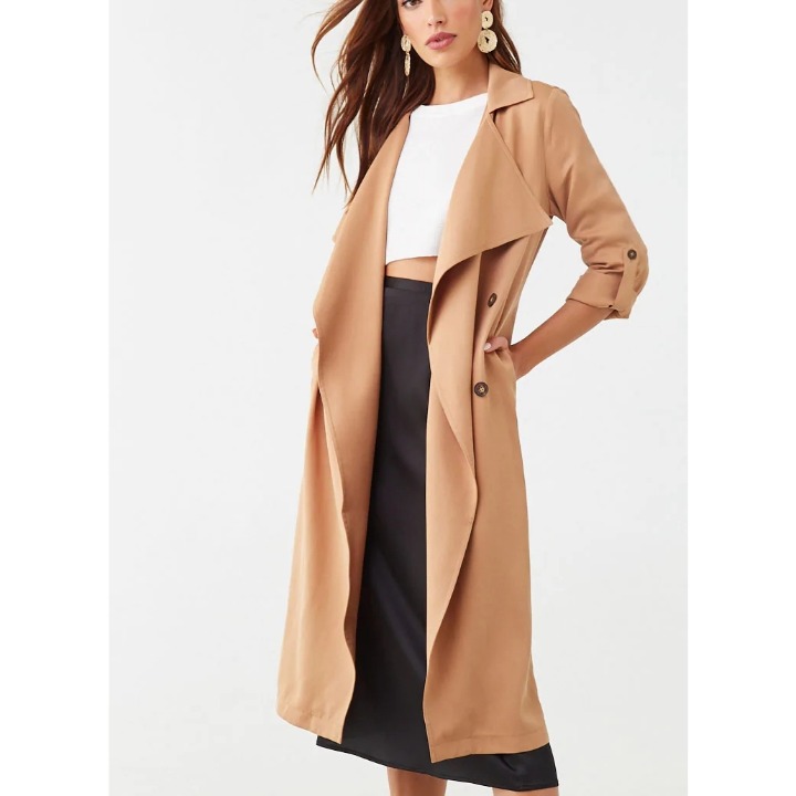 FOREVER 21 Women's S Small Camel Brown Roll Up Sleeve Draped Front Trench Coat