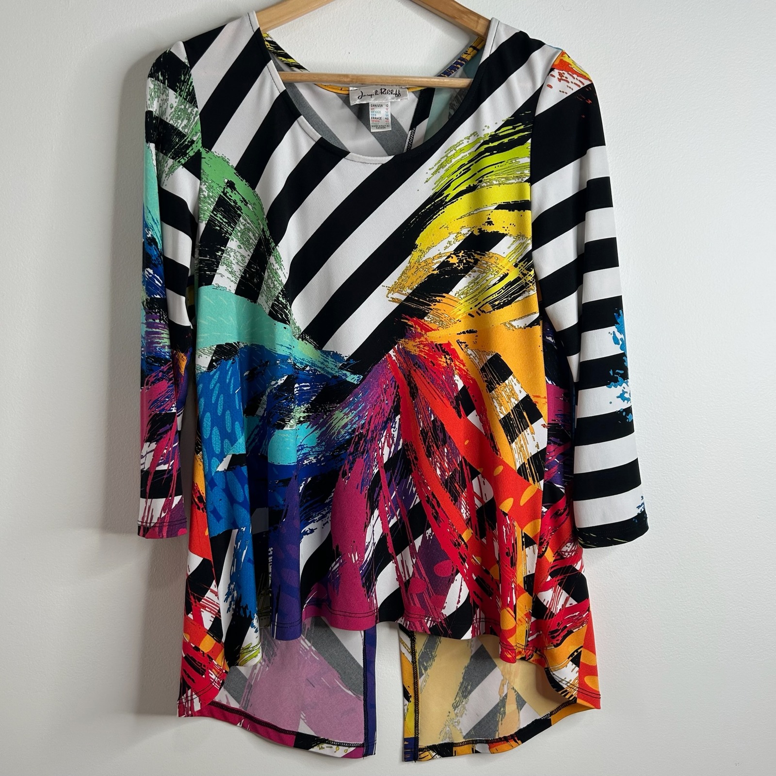 Joseph Ribkoff Tunic Top Womens 10 Black Stripe Rainbow Abstract Artsy Retro