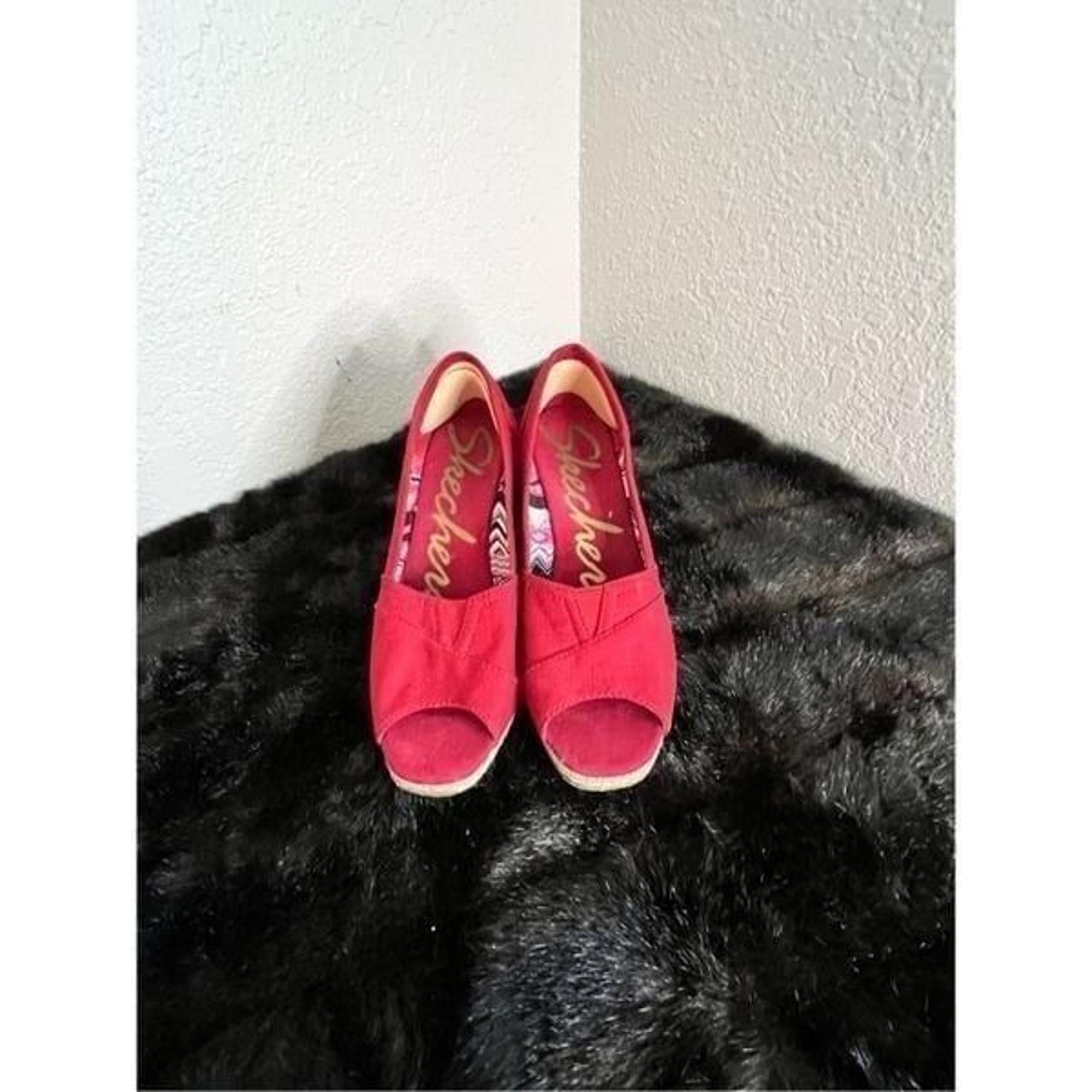 Skechers Shoes Womens 7.5 Red Canvas Espadrille Wedge Peep Toe Heels