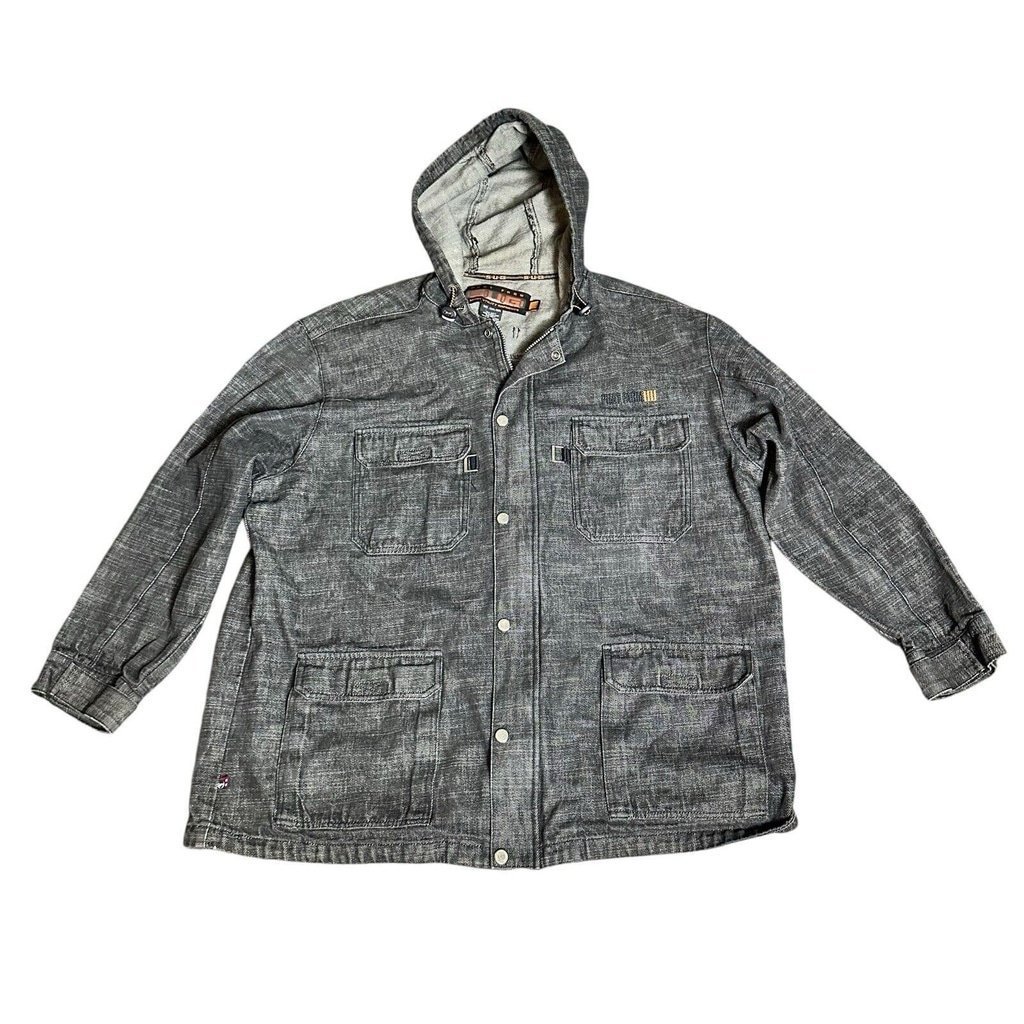 PHAT FARM Black Denim Hooded Jacket Y2K Hip Hop XXXL Utility Jacket Cotton Snap