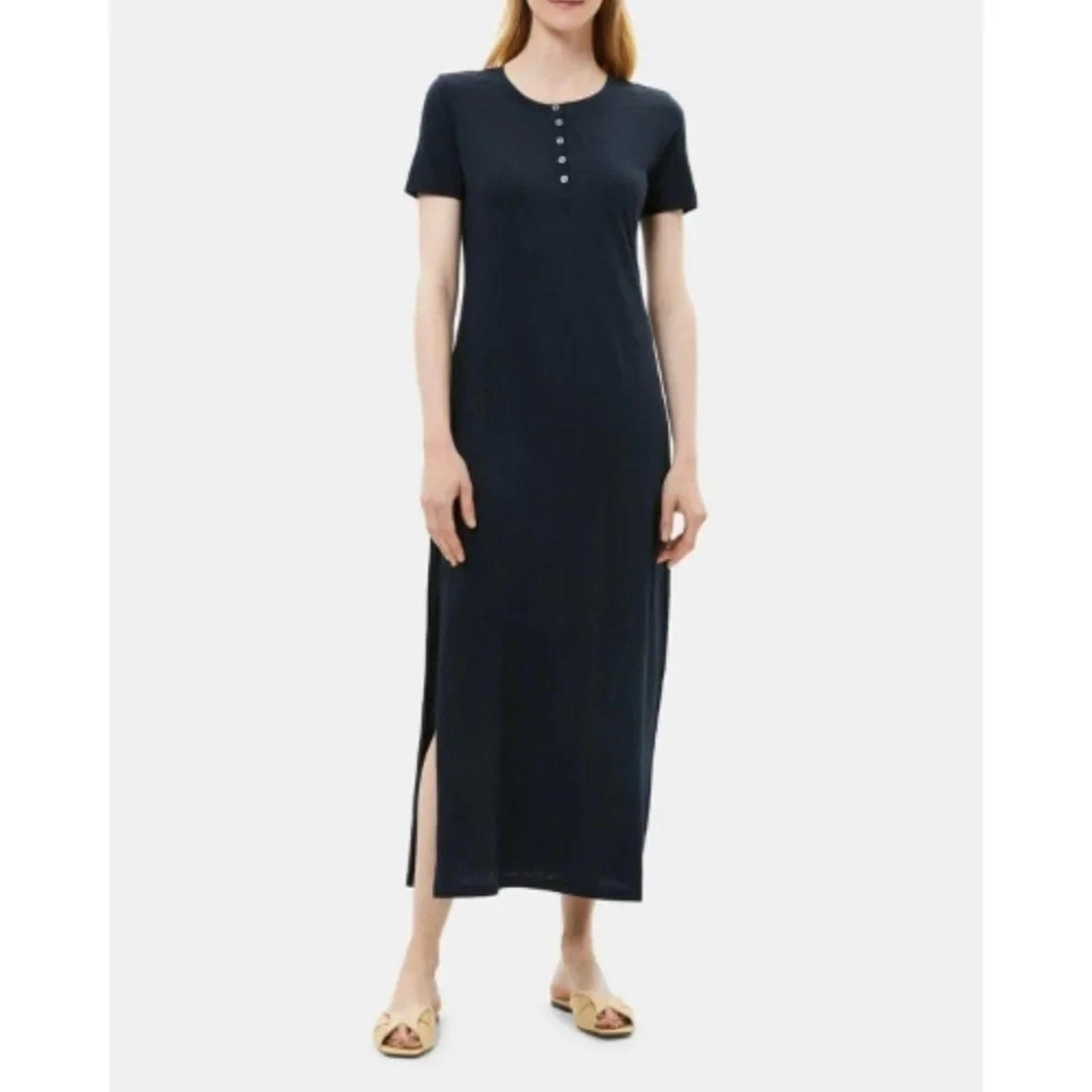 Theory Women's Black Sea Slub Button-front Midi Dress Size Large