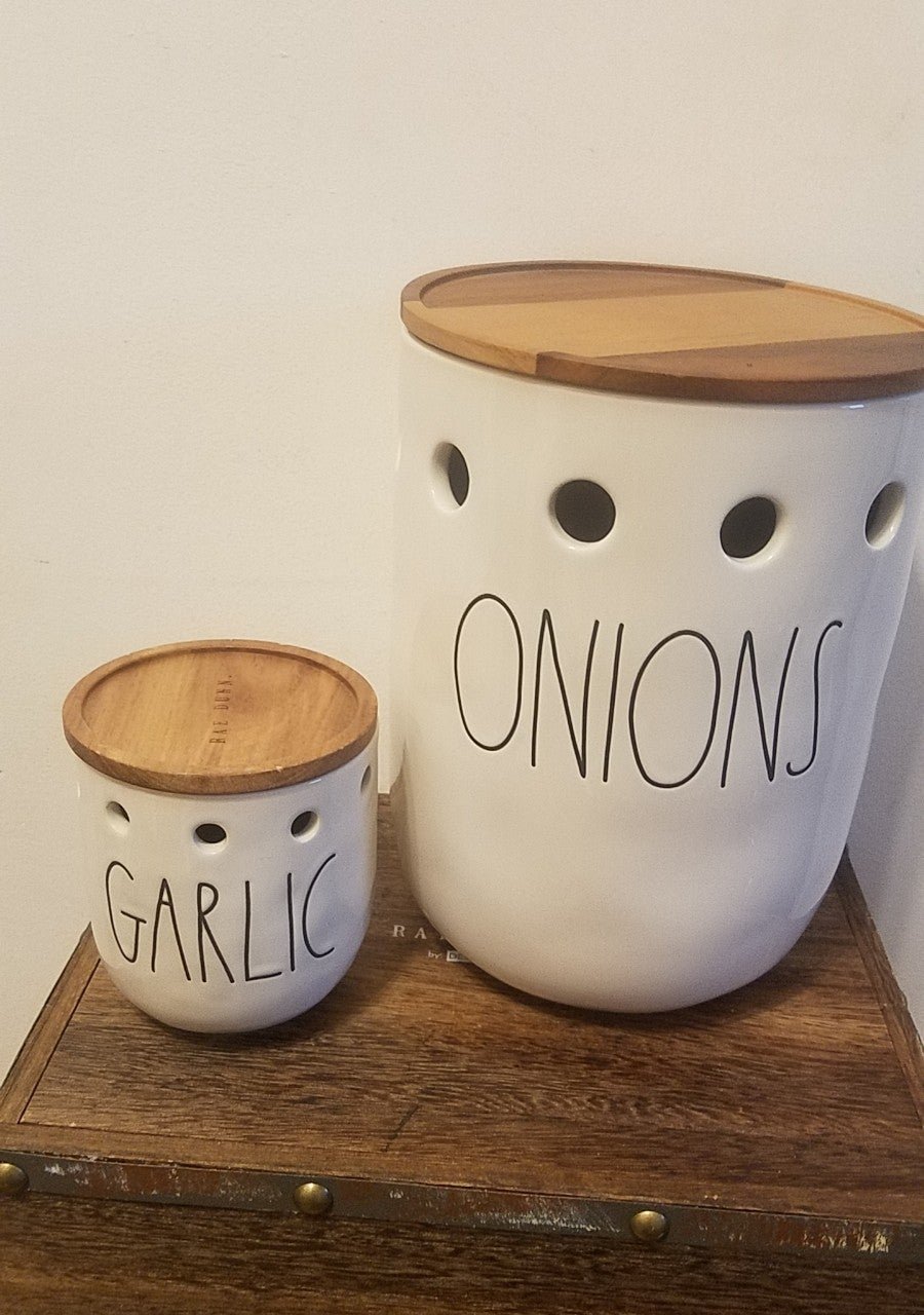 Rae Dunn Onions and Garlic cellars. Kitchen. Home. Farmhouse