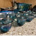 Vintage carnival glass blue iridescent grape/ leaf punch bowl set