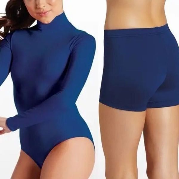 Weissman gymnastics navy blue Mock Neck Long Sleeve Leotard shorts MT12459 MC