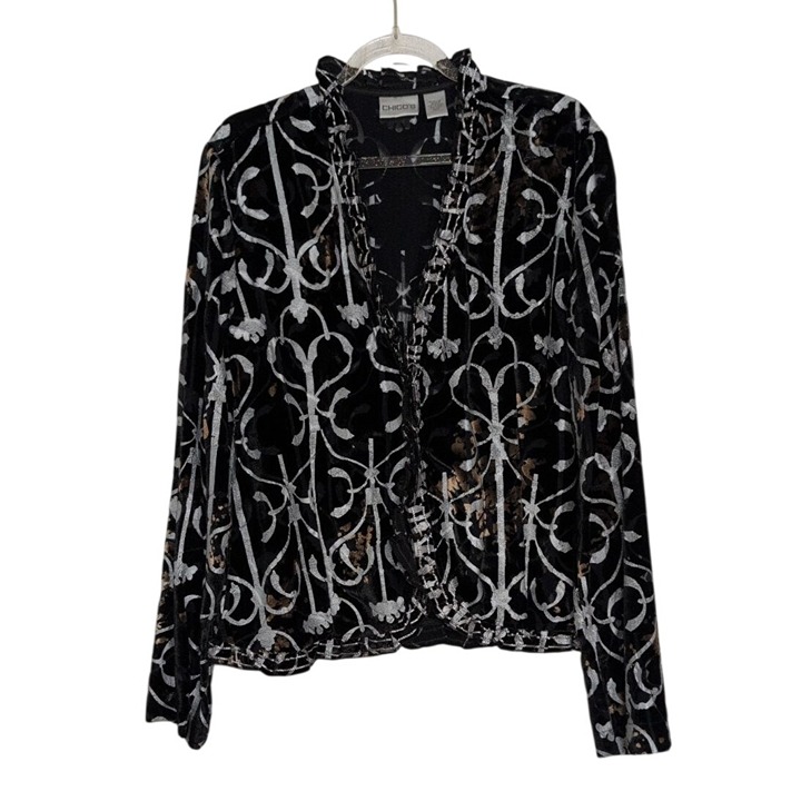 Chicos 0 Burnout Velvet Cardigan Womens Size XS Black Rayon Silk Ruffle V Neck