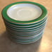 13 pcs Pyrex Green gold rim saucers