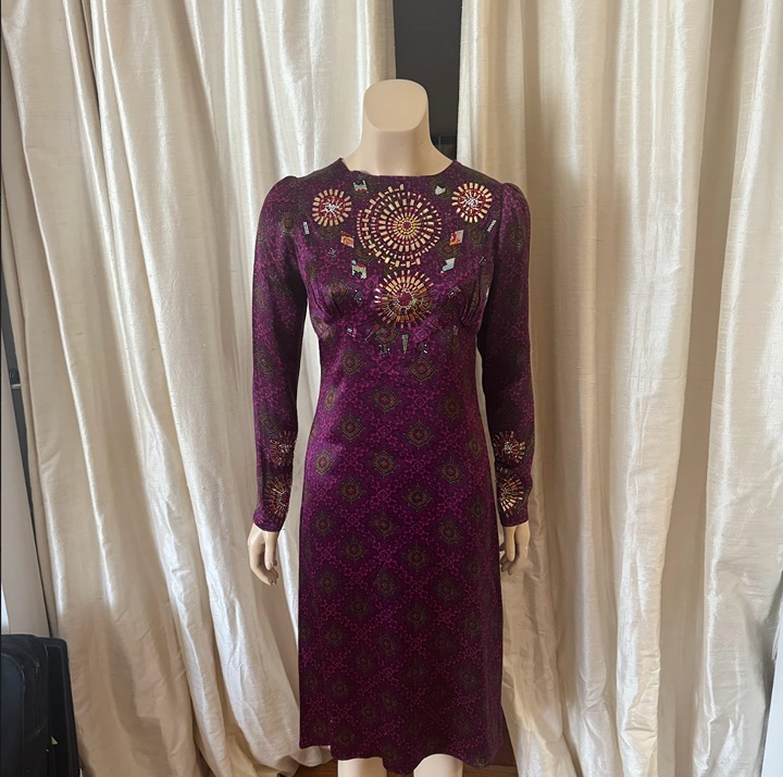 Libertine embroidered midi dress in rich plum with mirror and metallic threadwor