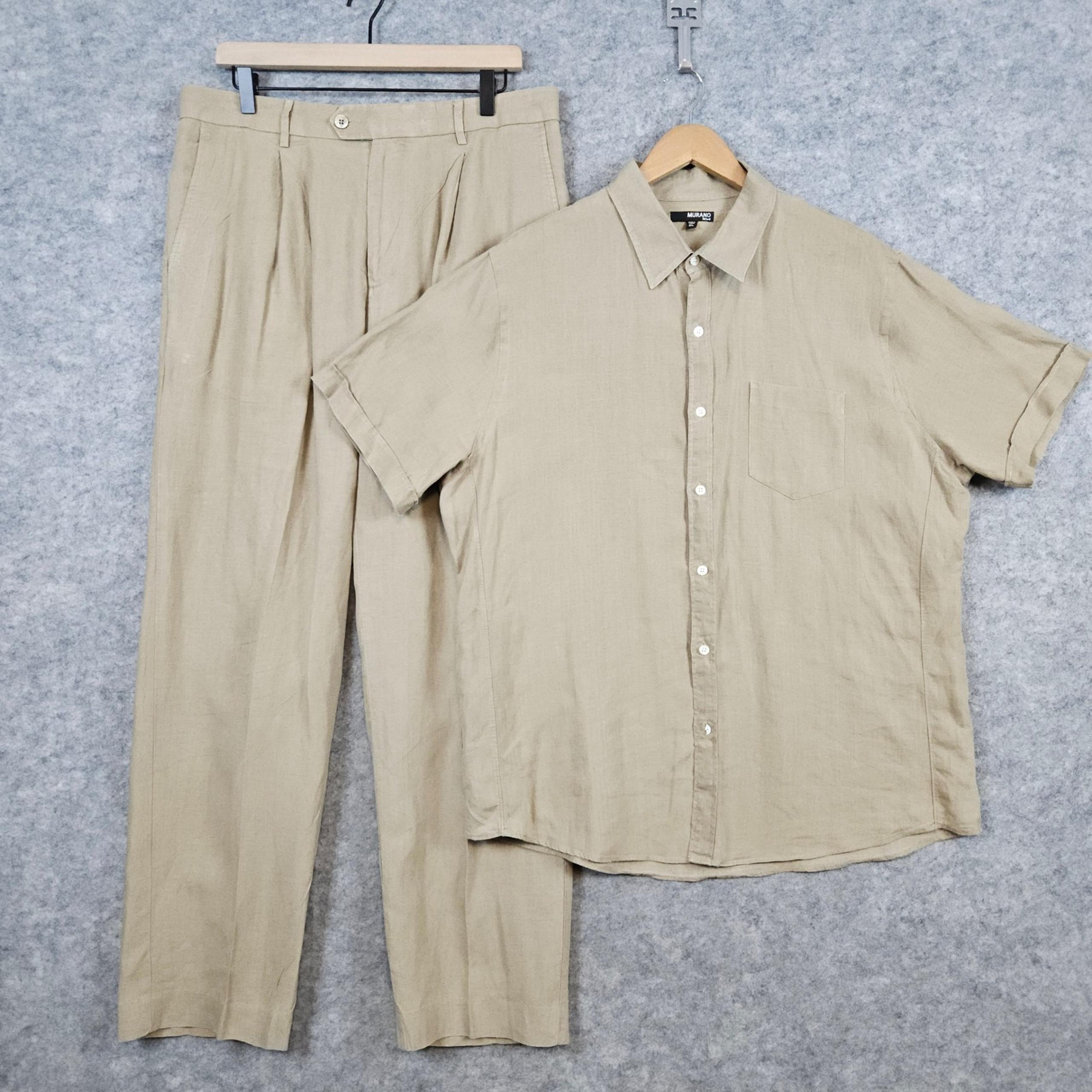Murano Men's Tan 100% Linen Shirt XL & Pants 34x32 2-Pc Set Summer BUTTON DAMAGE