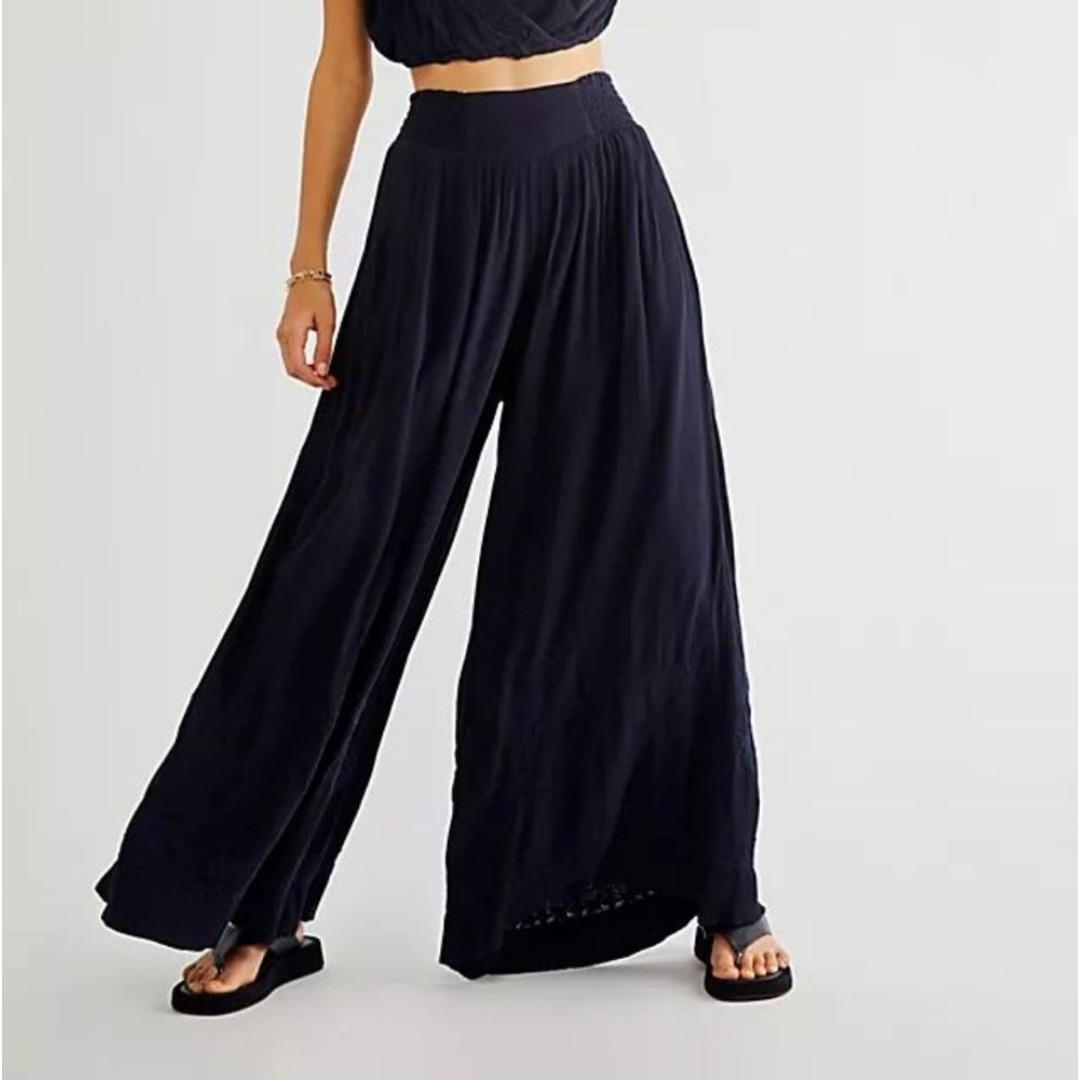 Free People Angie's Set Bottoms Only Wide Leg Black Viscose Pants Women's Large