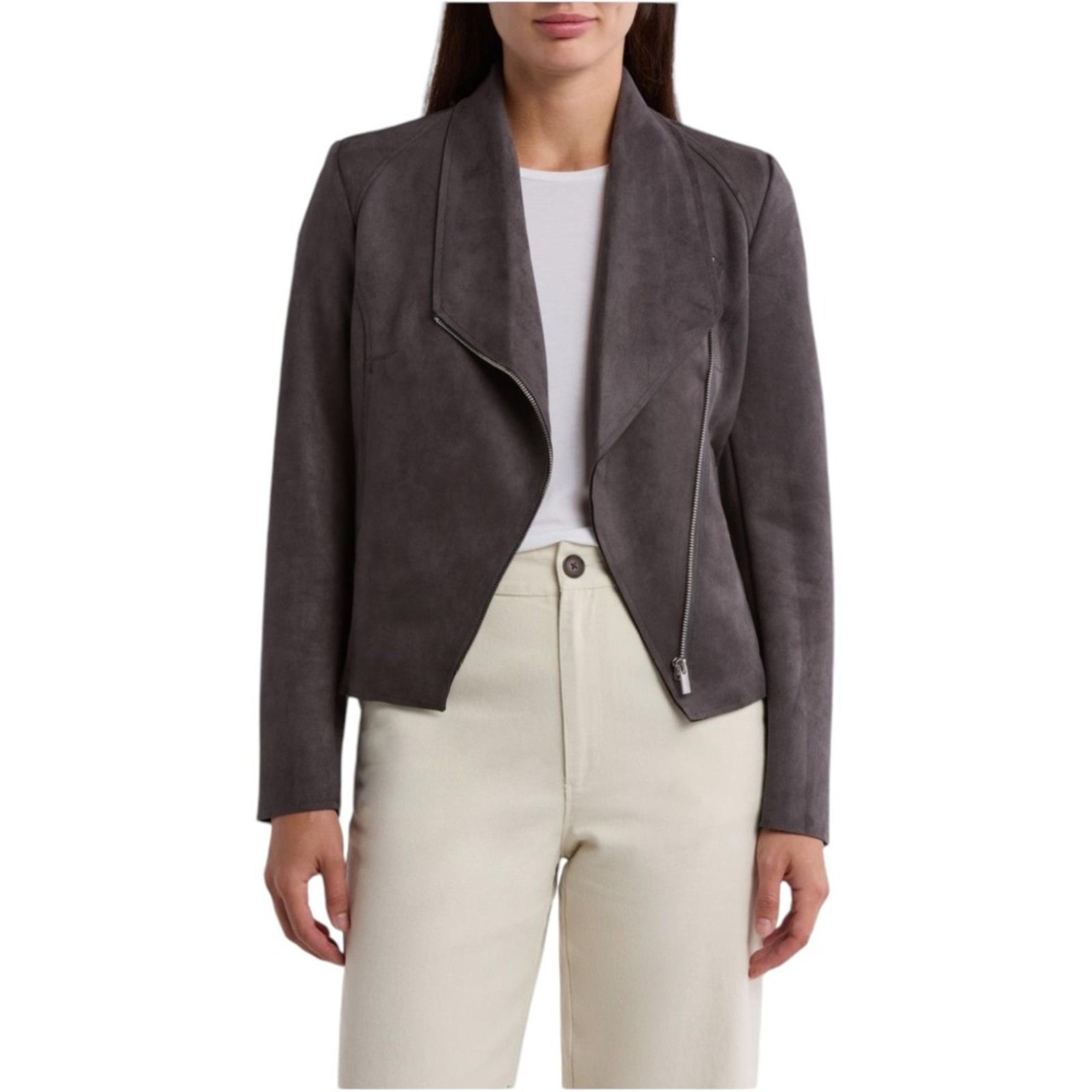 Tahari Gray Faux Leather Suede Draped Moto Full Zip Jacket Women's Large