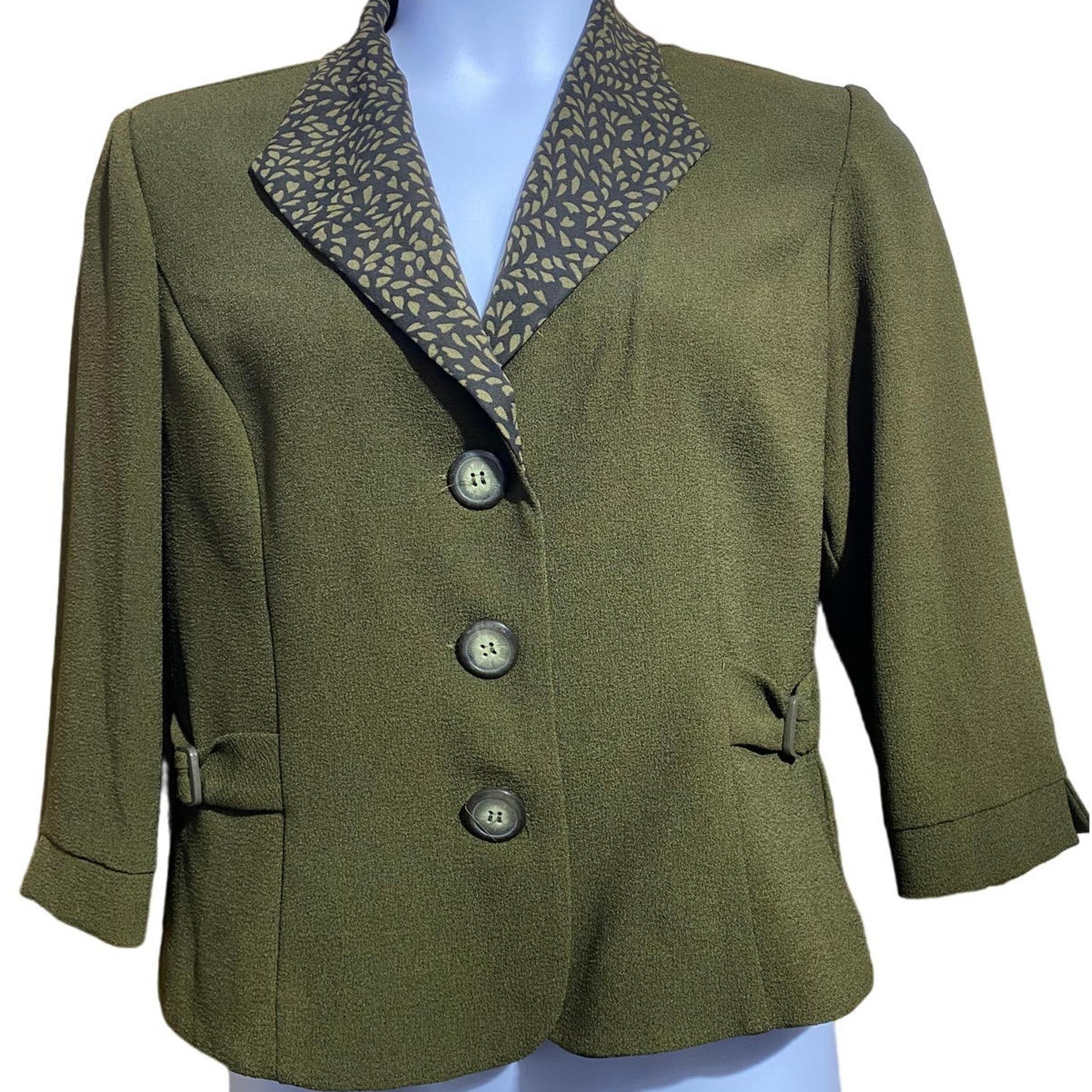 Studio I olive green three button blazer with contrast pattern collar women's 12