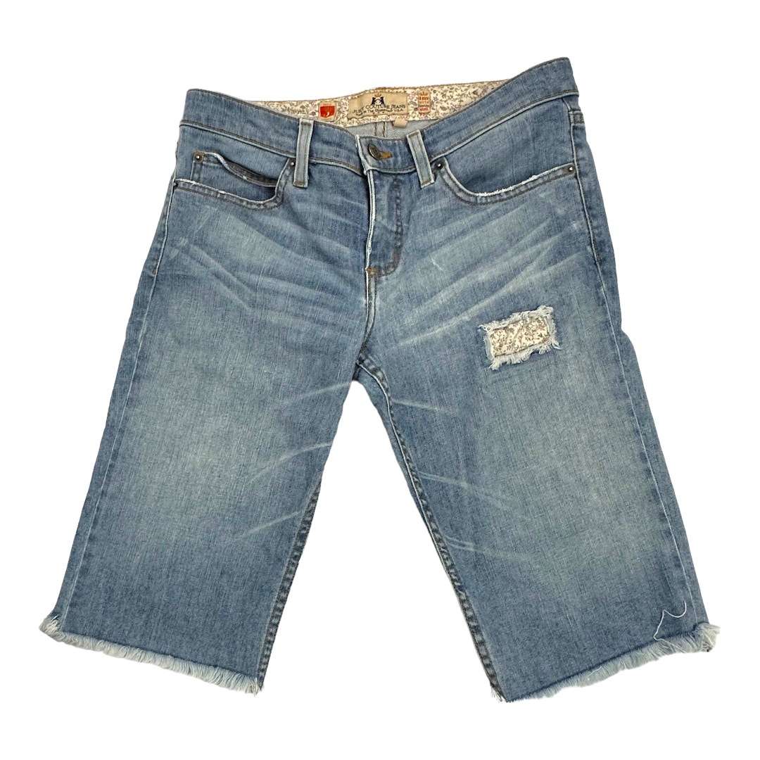 Juicy Couture vintage wash patch denim jean shorts raw hem Y2K SZ 29