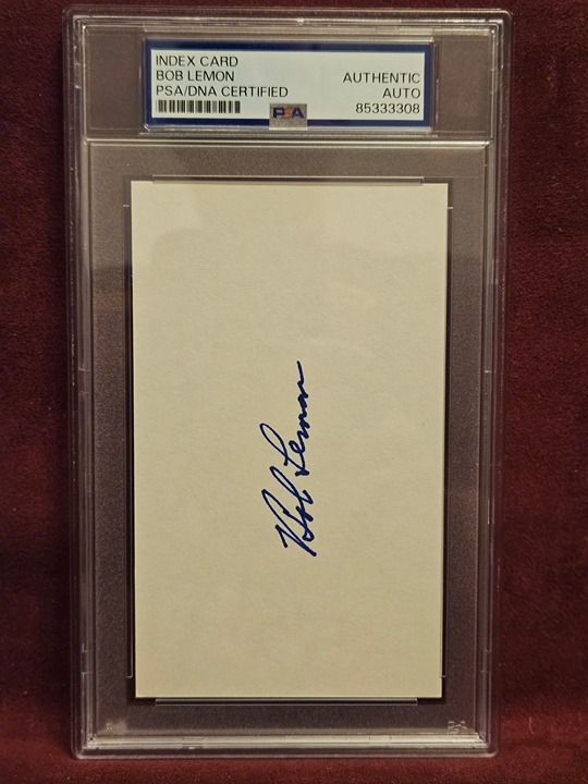 BOB LEMON 7X AS 2X WS 3X AL WINS 1X AL K LEADER HOF 1976 SIGNED INDEX CARD PSA