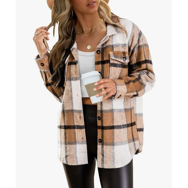 Womens Fall Fashion Flannel Plaid Button Down Long Sleeve Shirts Jackets 2024
