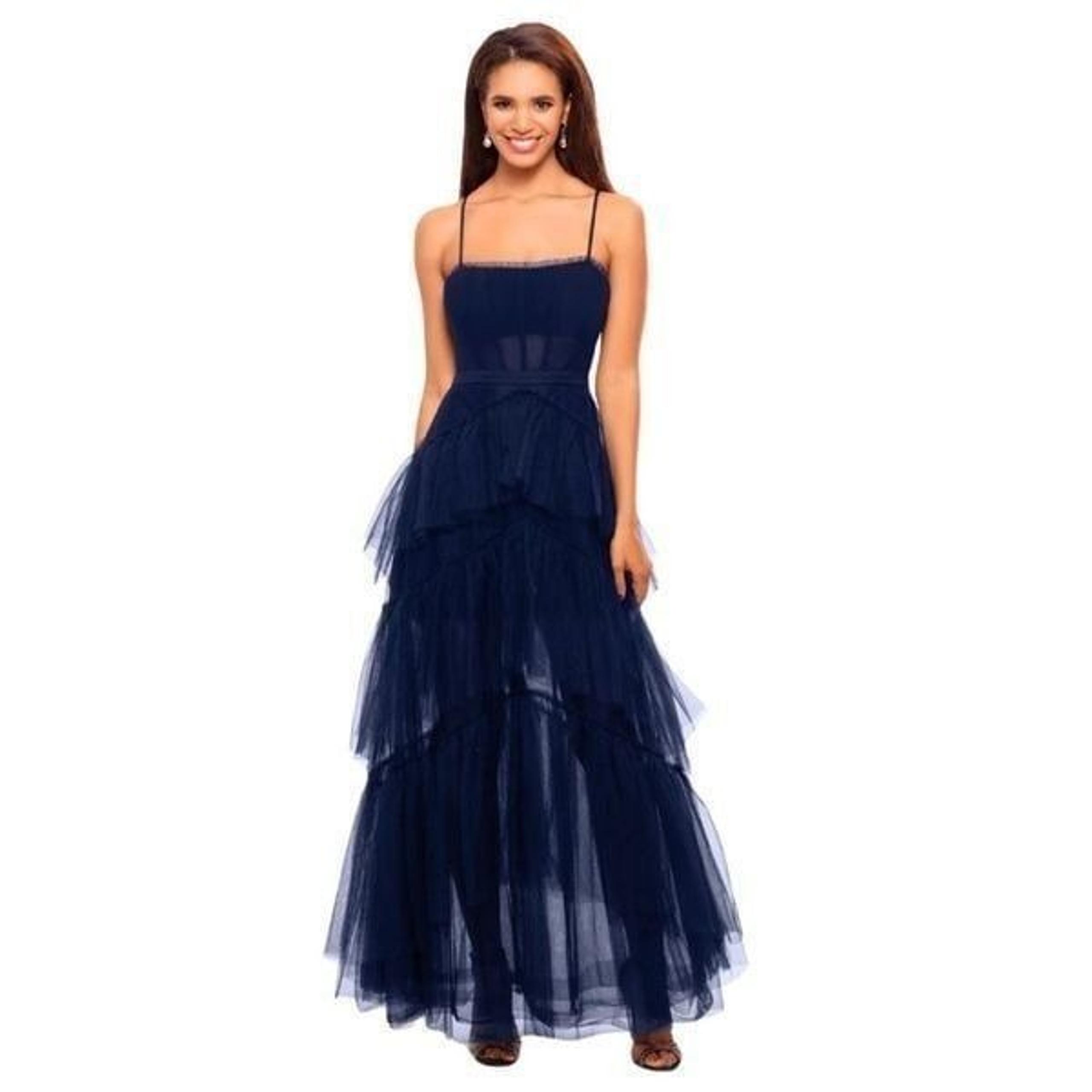 $319 NWT Betsy & Adam Navy Jasmine Tulle Ruffle Mesh Corset Gown Size 10