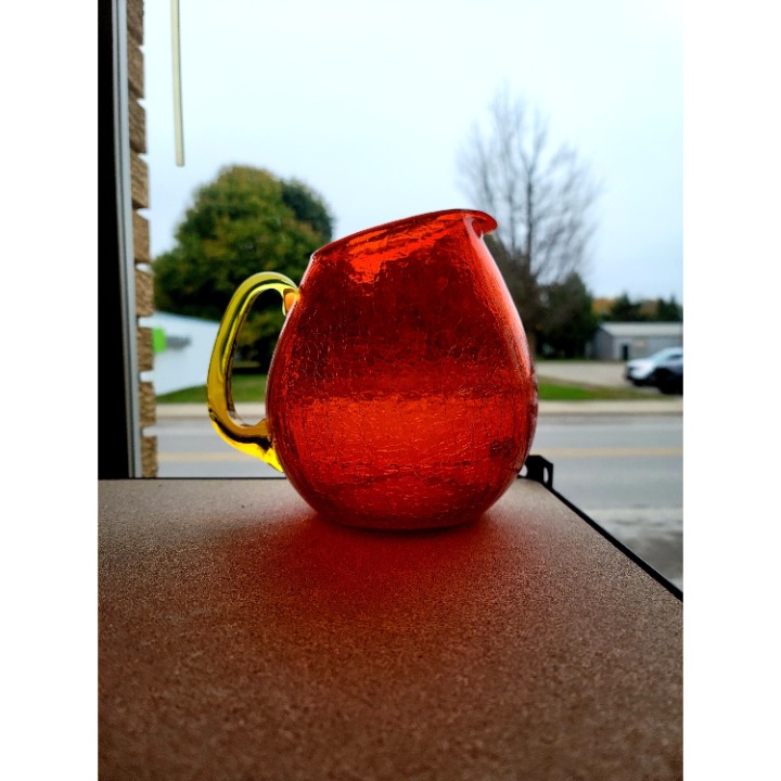 Blenko Tangerine Amberina Crackle Glass Pitcher by Walkingtan Mid Century Art Gl