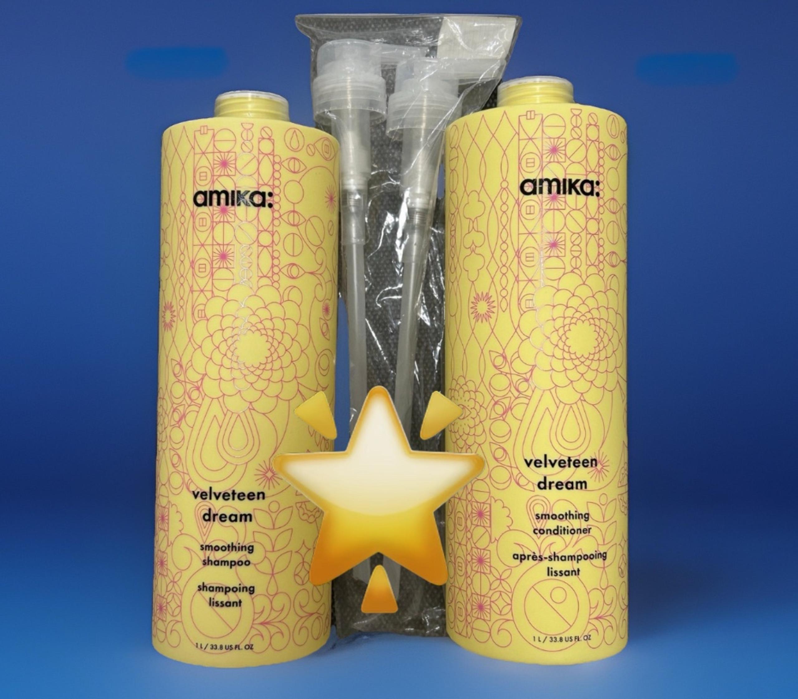 Amika velveteen dream smoothing shampoo and conditioner LITER SET W/pumps! NEW!