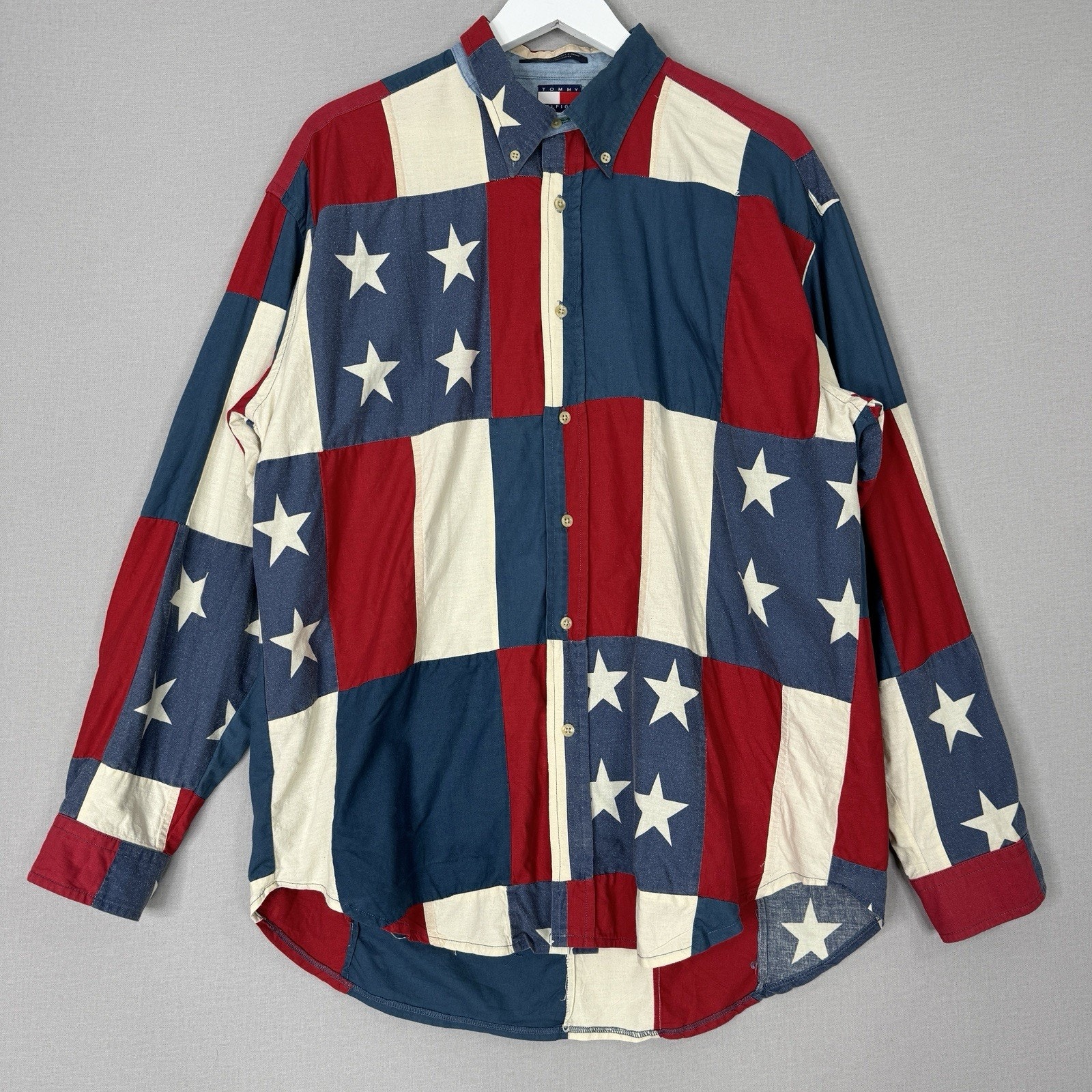 Vintage Tommy Hilfiger Mens Shirt XL Red American Flag Patchwork Patriotic 90s
