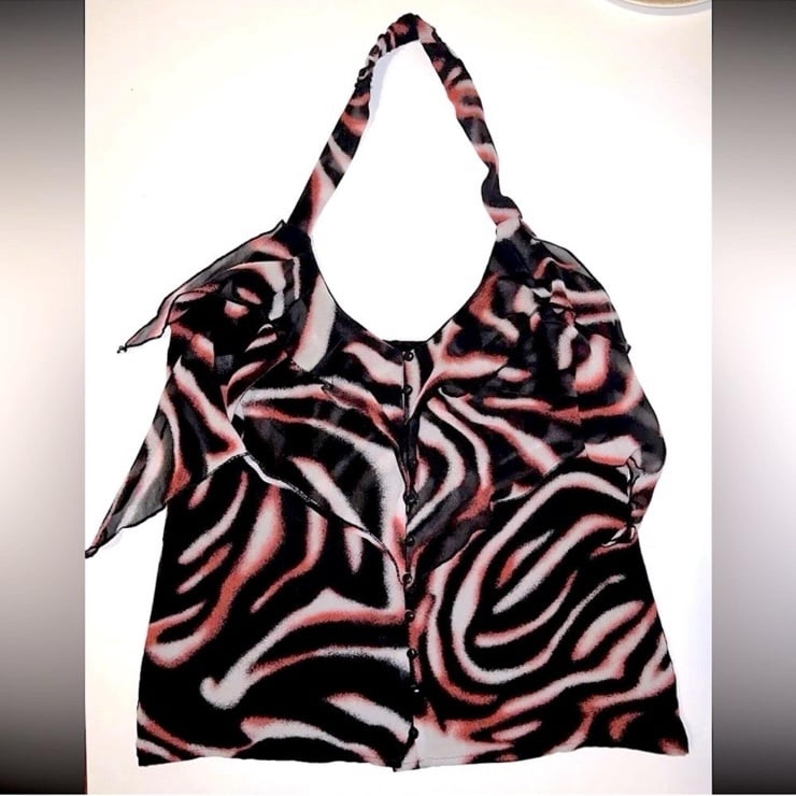 Y2K Bebe 100% Silk Ruffle Halter Top Sz M ButtonUp Shirt Swirl Womens Black Pink