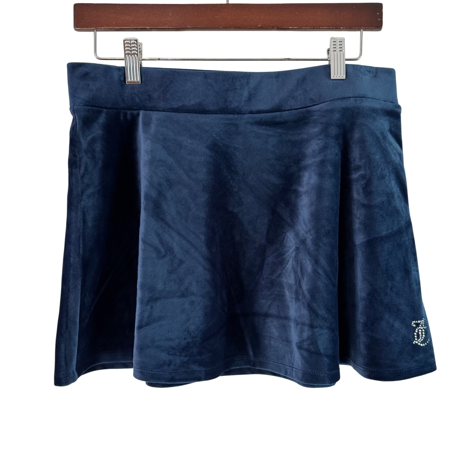 Juicy Couture Velour Skirt Mini Skater Y2K Rhinestone Logo Navy Blue M