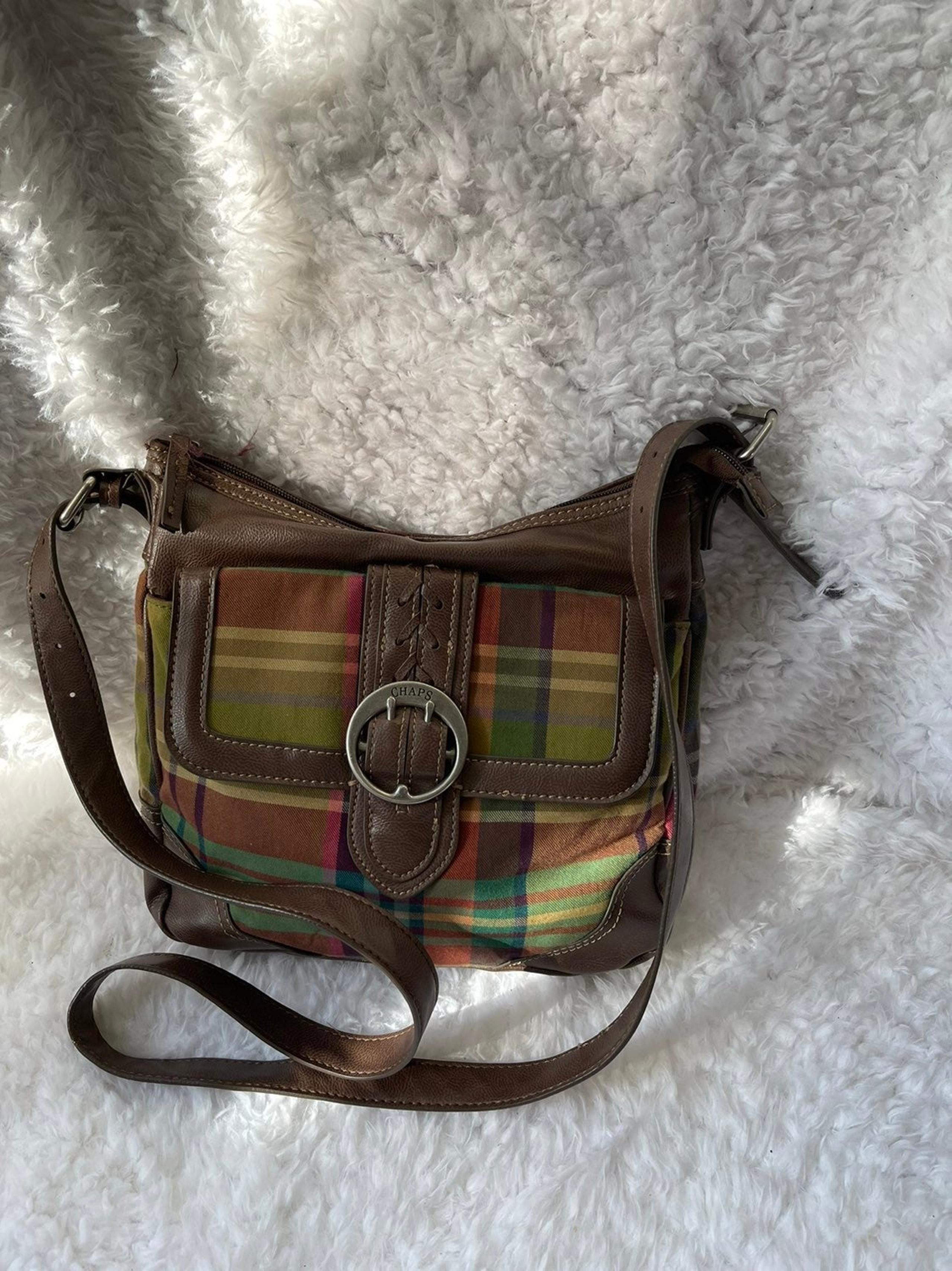Chaps canvas crossbody bag plaid brown,green & orange colors with brown trim . B