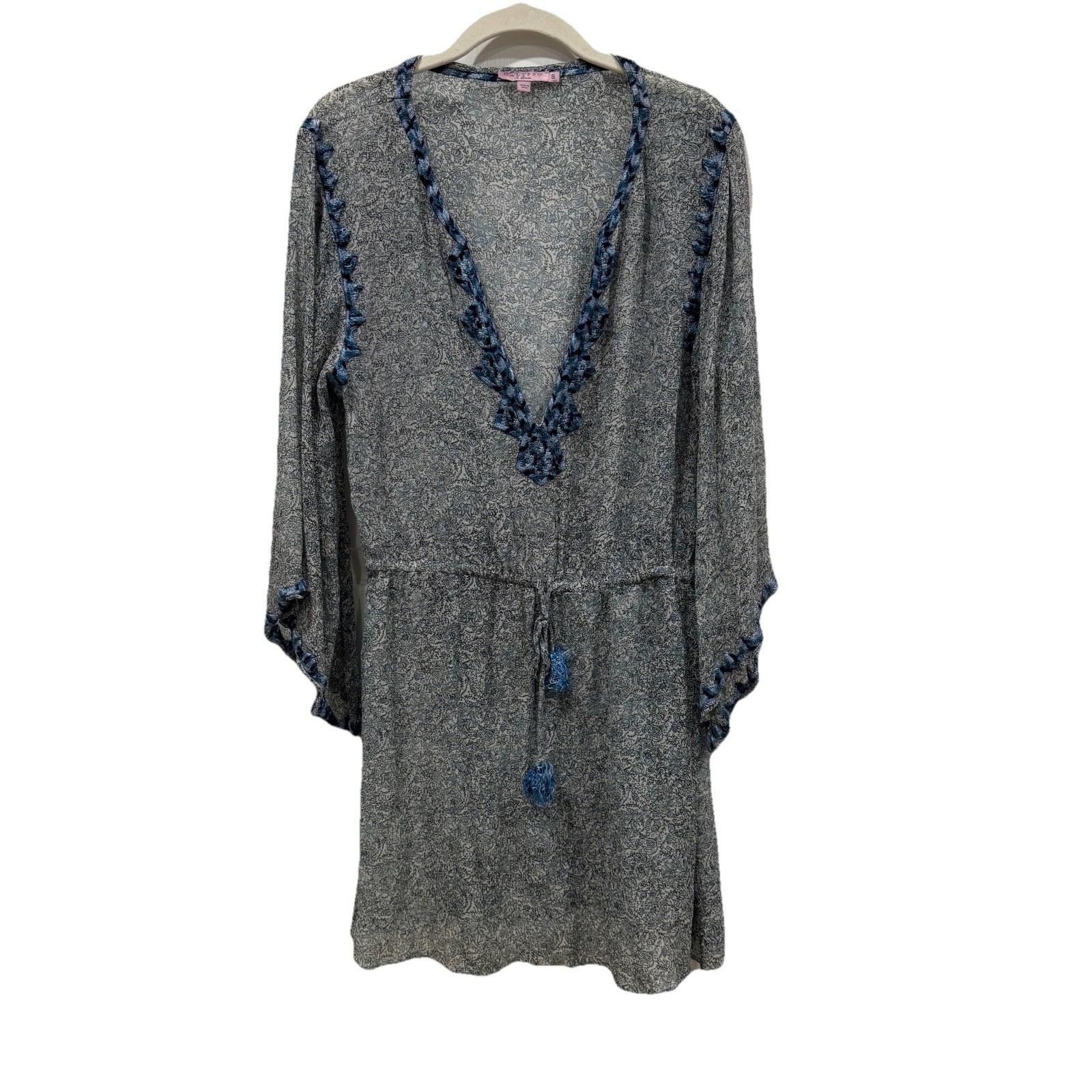 Calypso St. Barth Paisley Floral Boho Kaftan Dress Size Small S Blue Wide Sleev